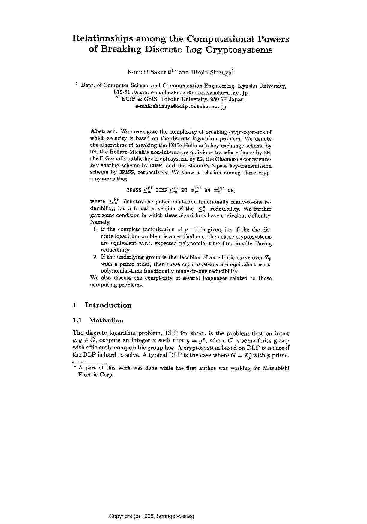 Relationships among the computational powers of breaking discrete log cryptosystems by Sakurai K. & Shizuya H
