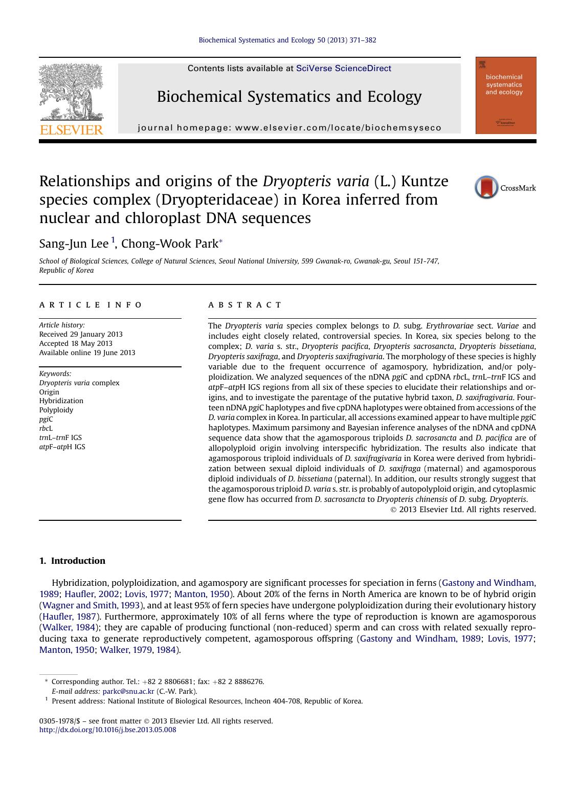 Relationships and origins of the Dryopteris varia (L.) Kuntze species complex (Dryopteridaceae) in Korea inferred from nuclear and chloroplast DNA sequences by Sang-Jun Lee & Chong-Wook Park