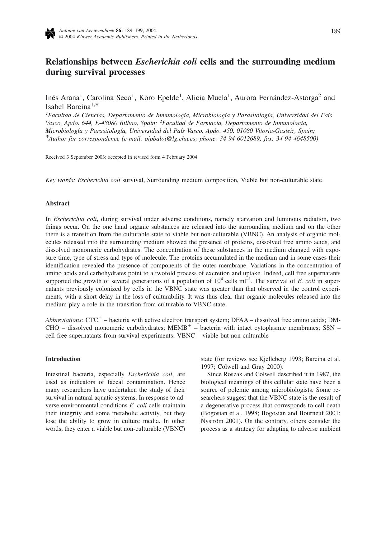 Relationships between <Emphasis Type="Italic">Escherichia coli<Emphasis> cells and the surrounding medium during survival processes by Unknown