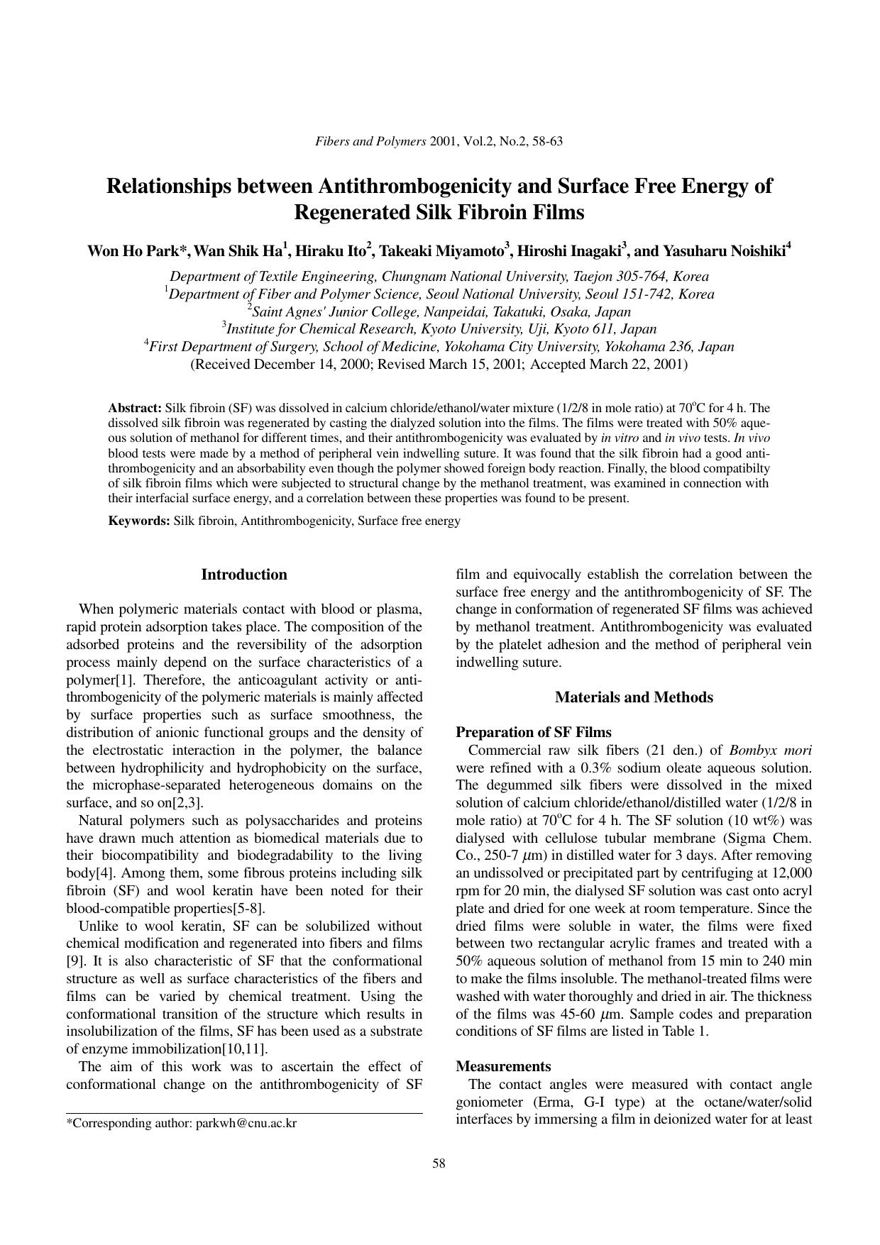 Relationships between antithrombogenicity and surface free energy of regenerated silk fibroin films by Unknown