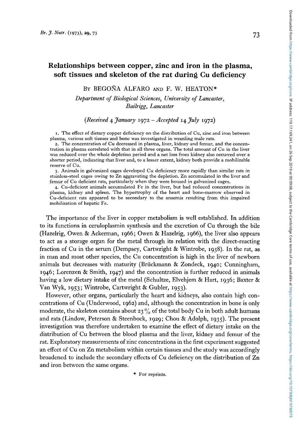 Relationships between copper, zinc and iron in the plasma, soft tissues and skeleton of the rat during Cu deficiency by Begona Alfaro & F. W. Heaton