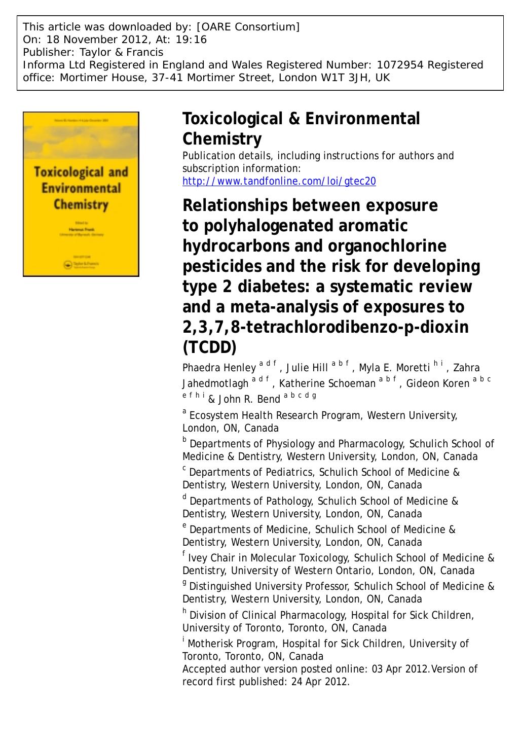 Relationships between exposure to polyhalogenated aromatic hydrocarbons and organochlorine pesticides and the risk for developing type 2 diabetes: a systematic review and a meta-an by unknow