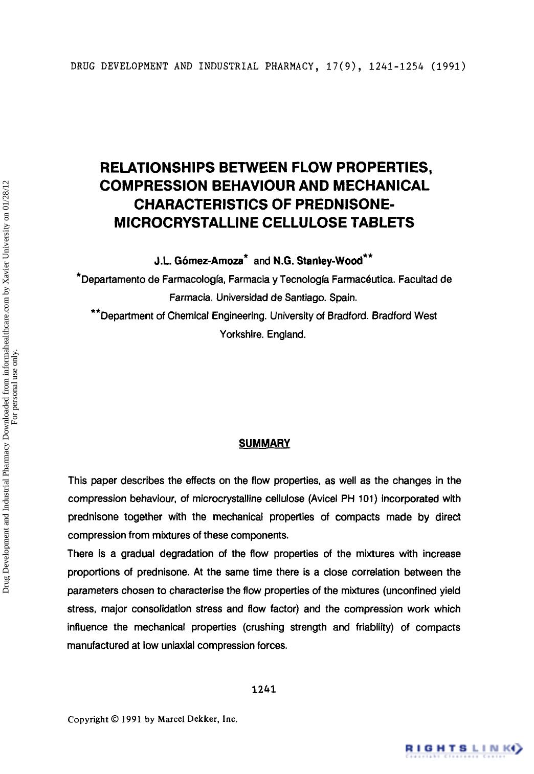 Relationships between flow properties, compression behaviour and mechanical characteristics of prednisone-microcrystalline cellulose tablets by J. L. Gómez-amoza & N. G. Stanley-wood