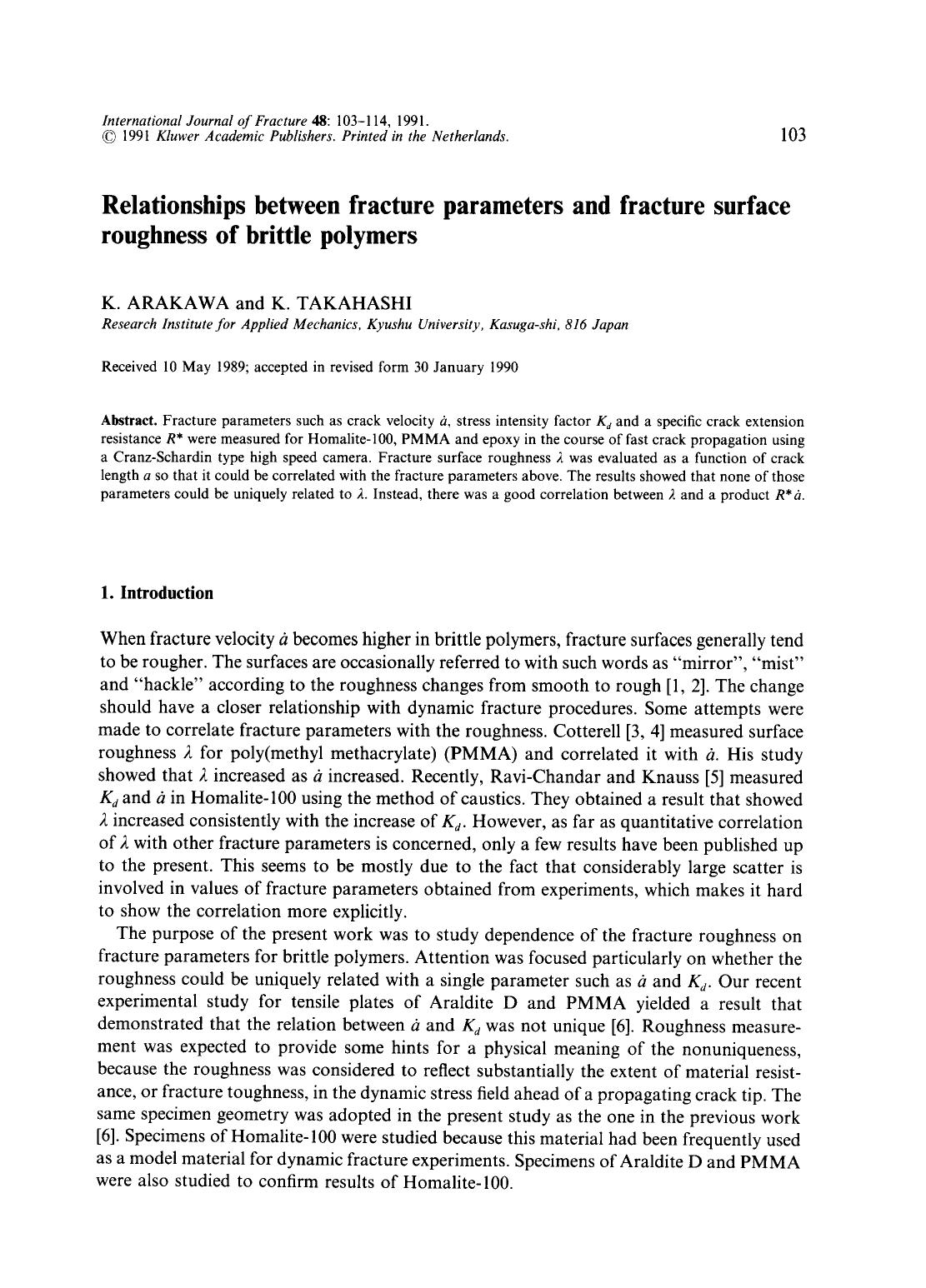 Relationships between fracture parameters and fracture surface roughness of brittle polymers by Unknown