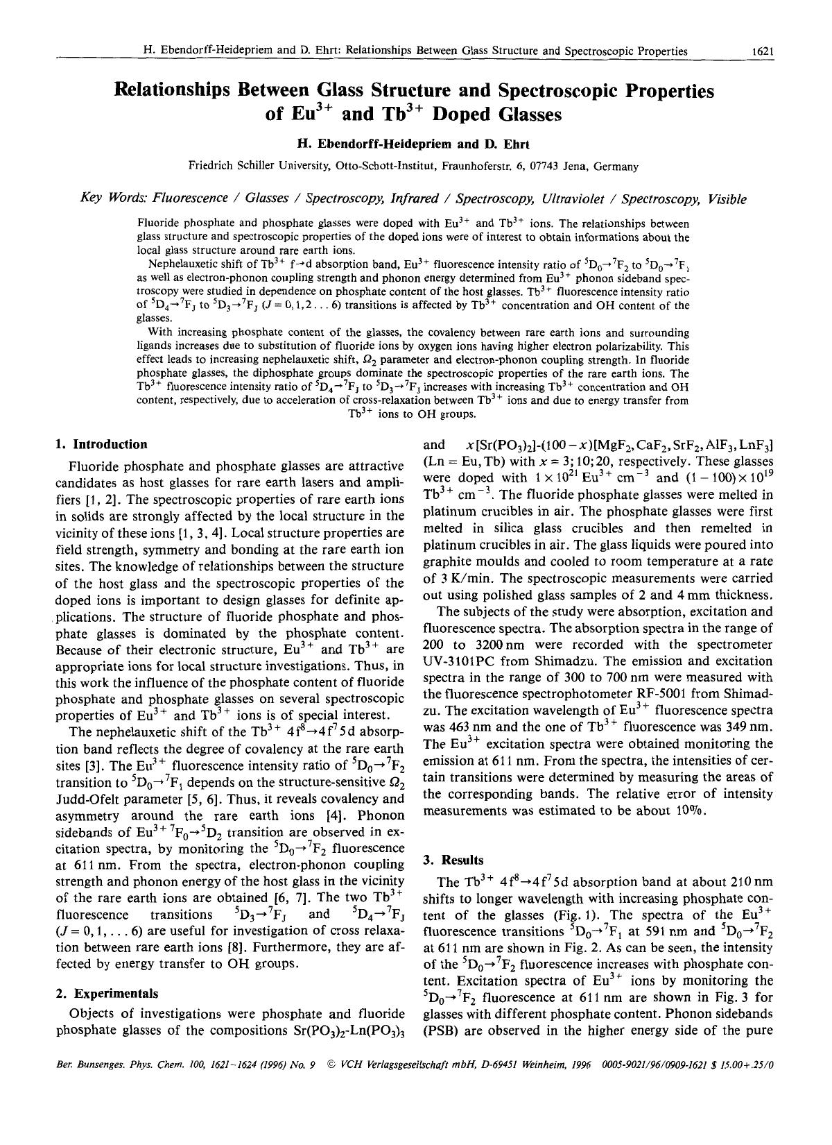 Relationships between glass structure and spectroscopic properties of Eu3+ and Tb3+ doped glasses by Unknown