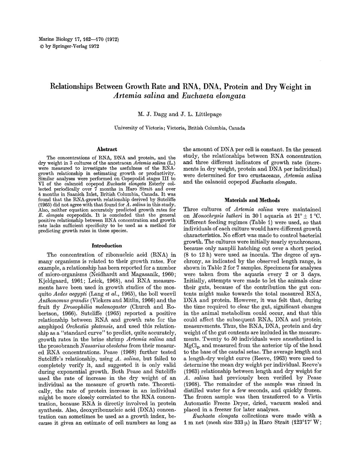 Relationships between growth rate and RNA, DNA, protein and dry weight in <Emphasis Type="Italic">Artemia salina<Emphasis> and <Emphasis Type="Italic">Euchaeta elongata<Emphasis> by Unknown