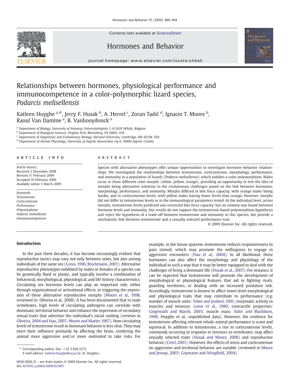 Relationships between hormones, physiological performance and immunocompetence in a color-polymorphic lizard species, Podarcis melisellensis by unknow