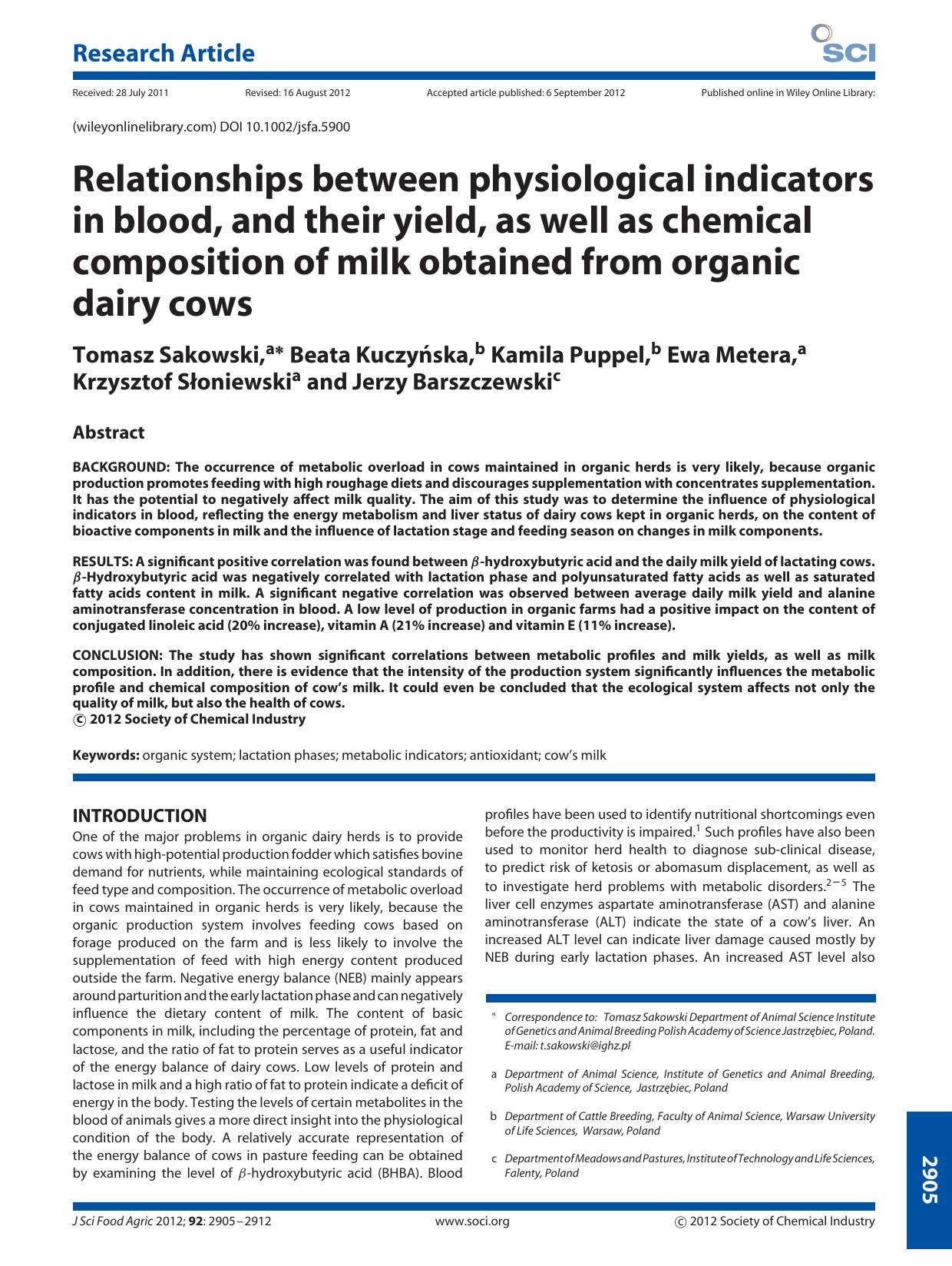 Relationships between physiological indicators in blood, and their yield, as well as chemical composition of milk obtained from organic dairy cows by Unknown
