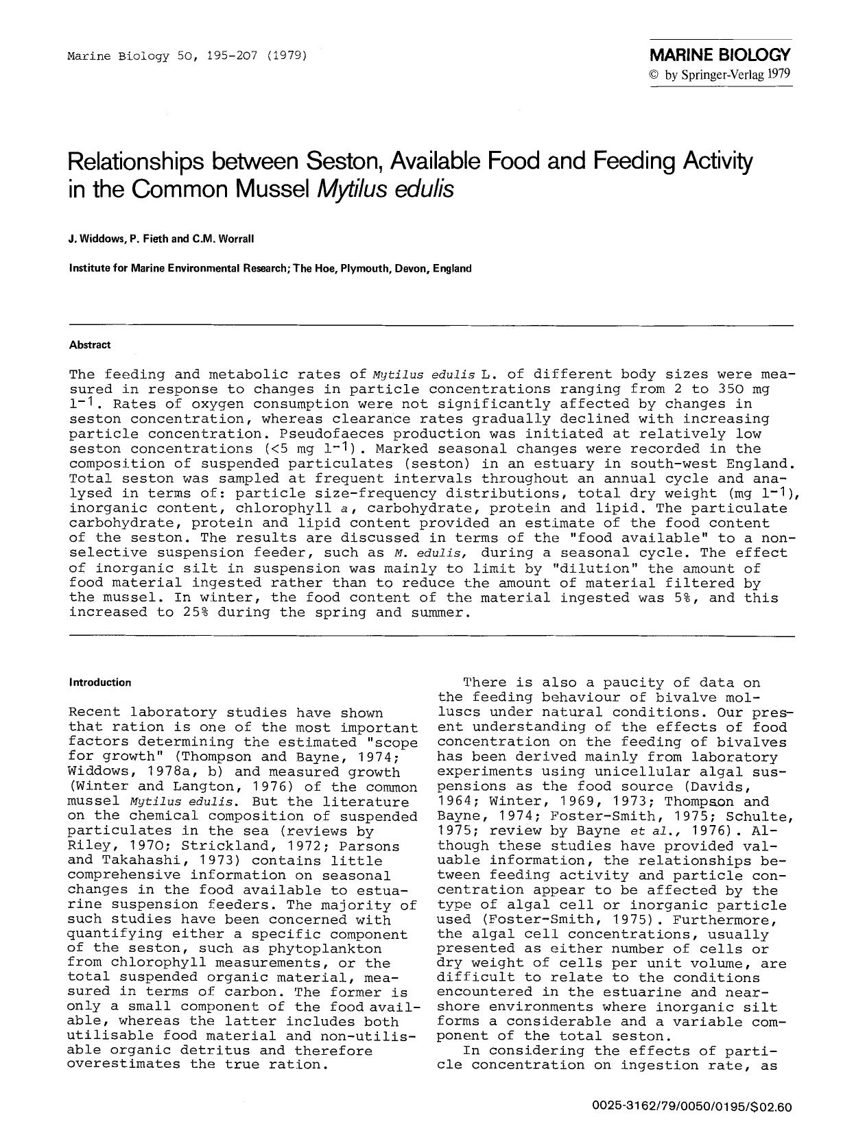 Relationships between seston, available food and feeding activity in the common mussel <Emphasis Type="Italic">Mytilus edulis<Emphasis> by Unknown