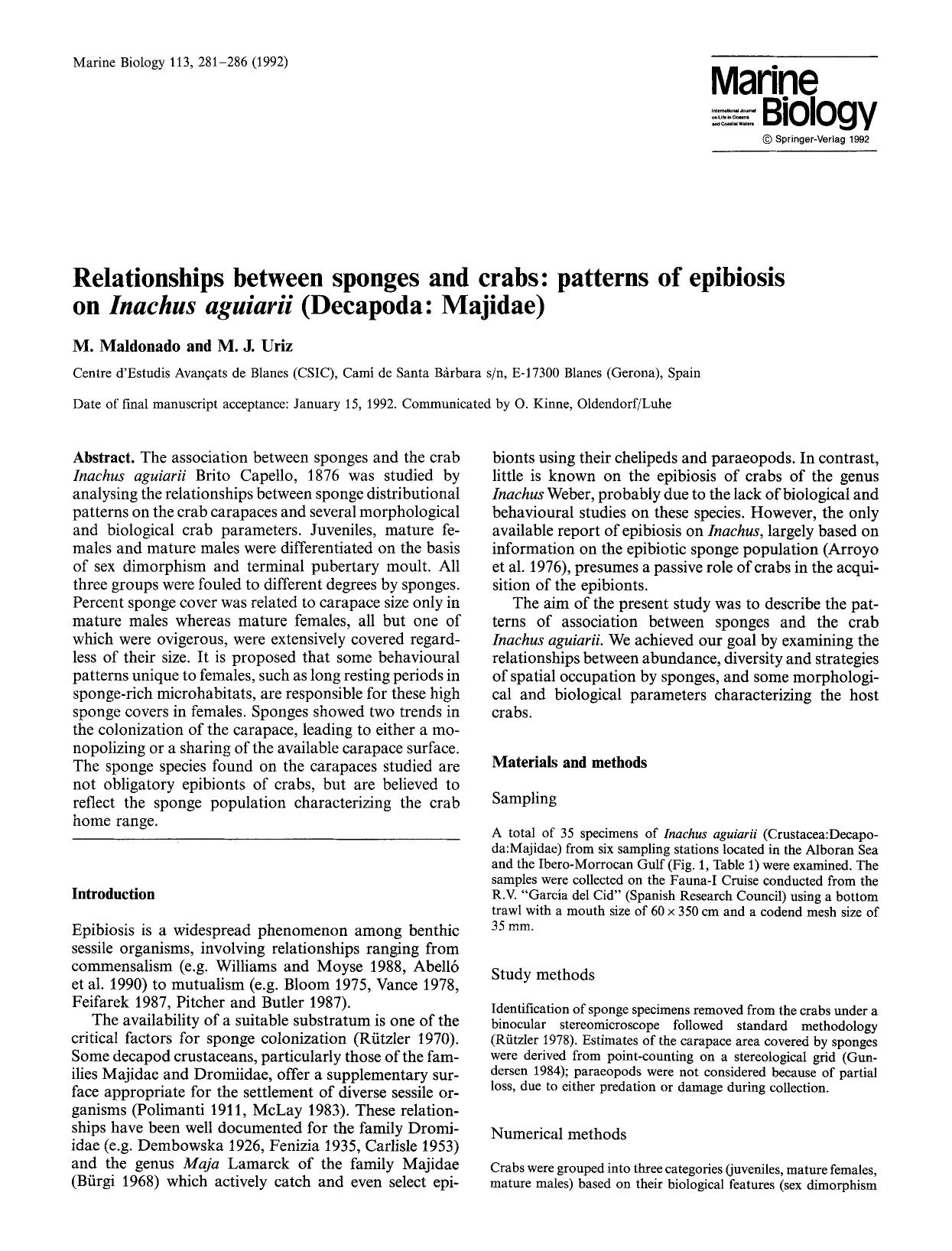 Relationships between sponges and crabs: patterns of epibiosis on <Emphasis Type="Italic">Inachus aguiarii<Emphasis> (Decapoda: Majidae) by Unknown
