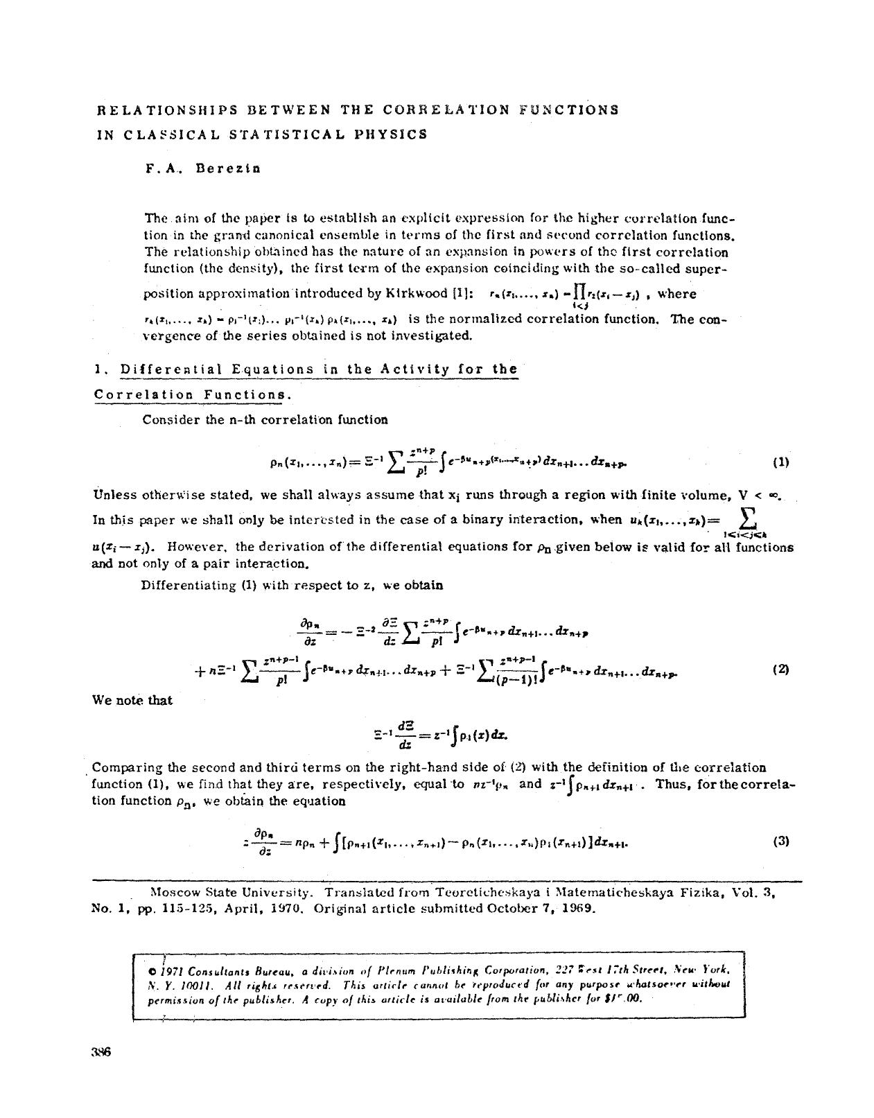 Relationships between the correlation functions in classical statistical physics by Unknown