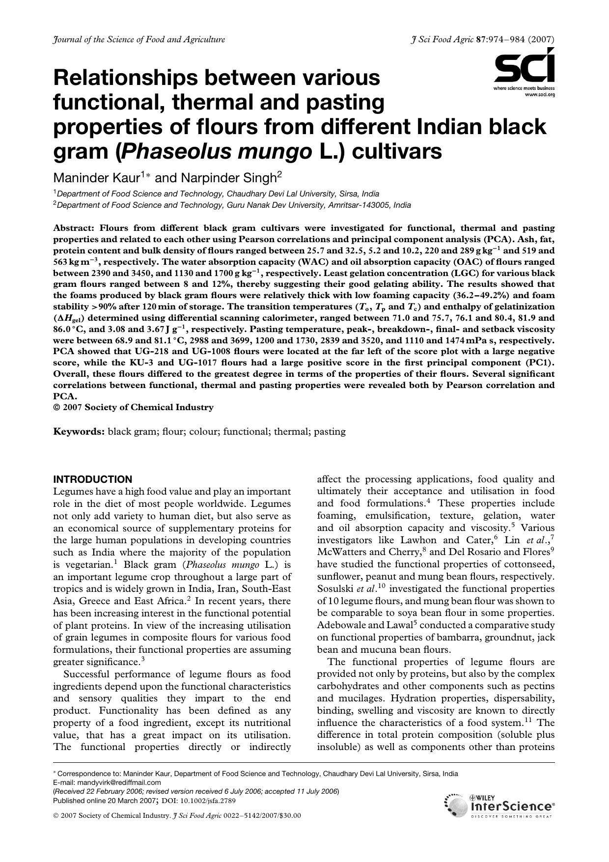 Relationships between various functional, thermal and pasting properties of flours from different Indian black gram (Phaseolus mungo L.) cultivars by Unknown