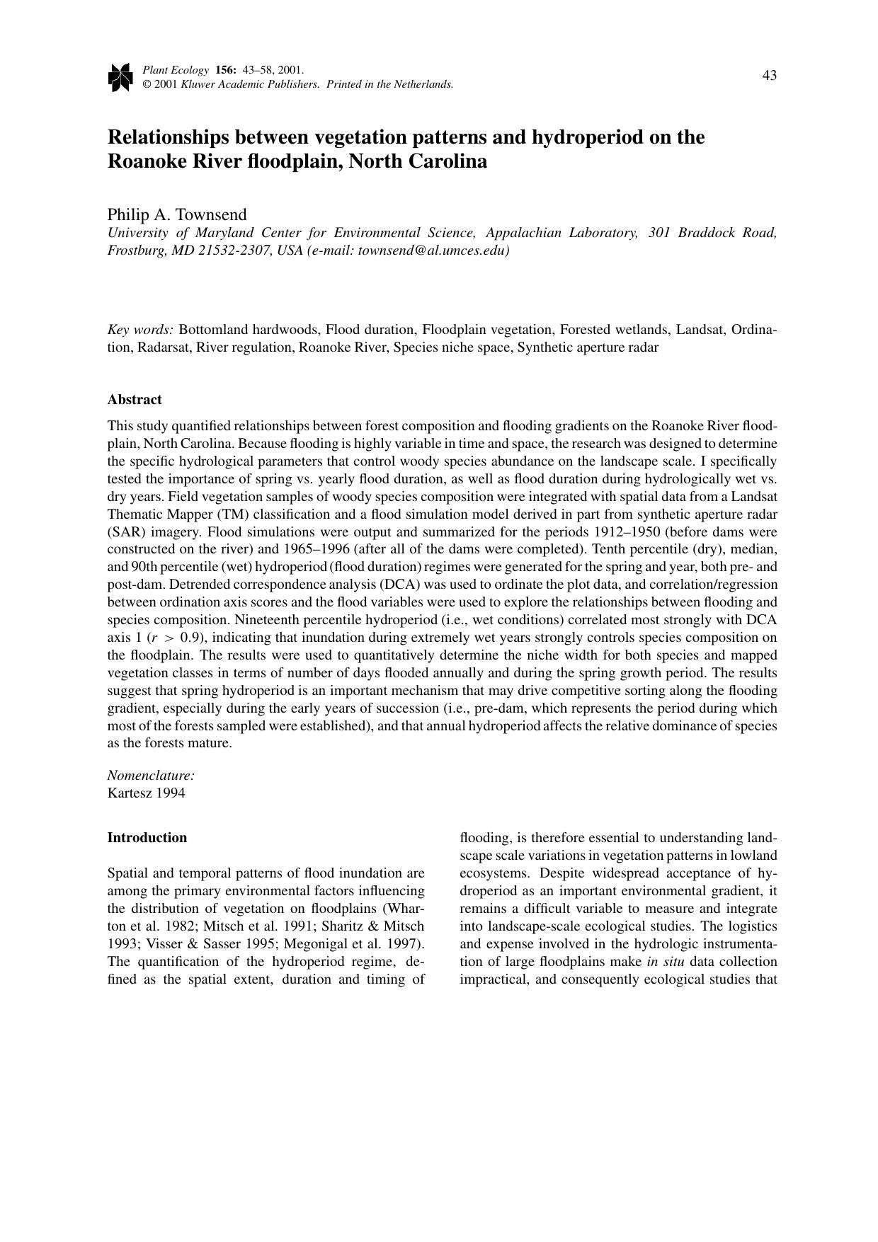 Relationships between vegetation patterns and hydroperiod on the Roanoke River floodplain, North Carolina by Unknown