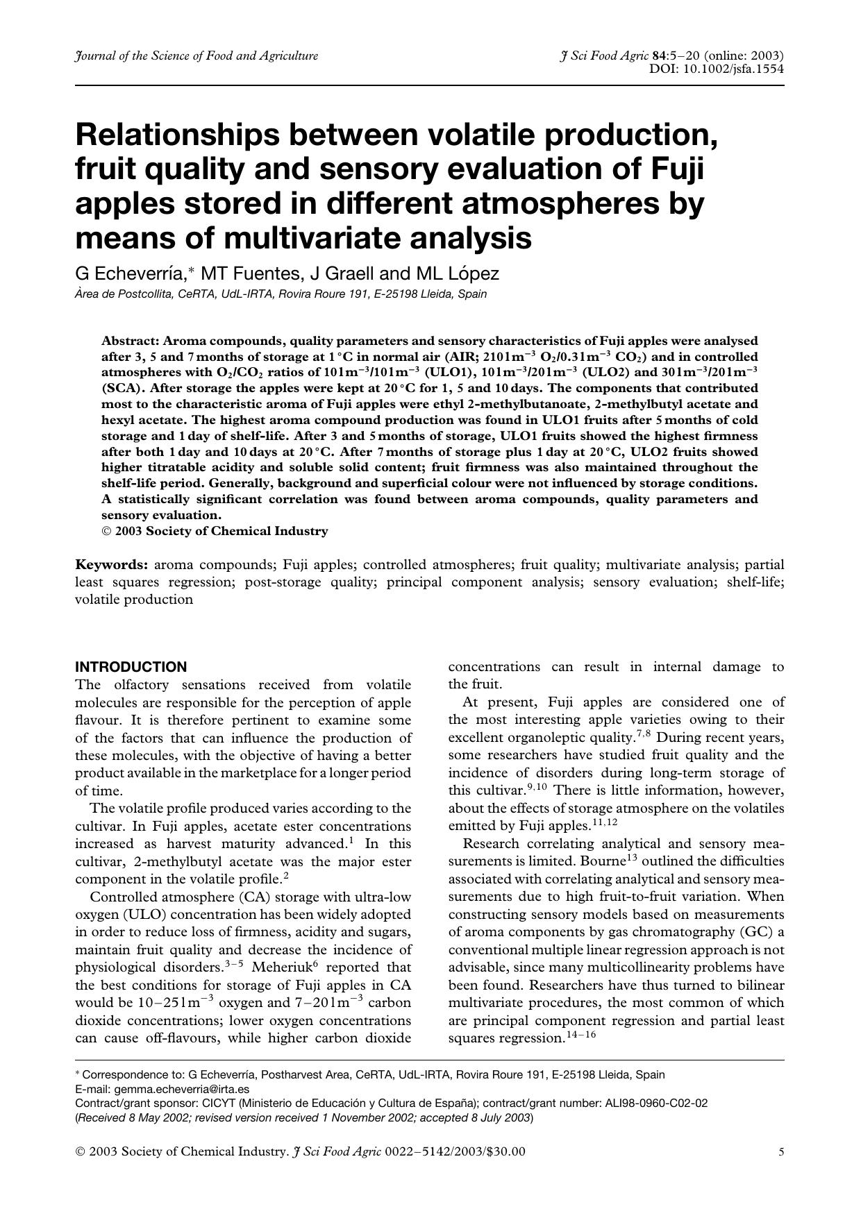 Relationships between volatile production, fruit quality and sensory evaluation of Fuji apples stored in different atmospheres by means of multivariate analysis by Unknown