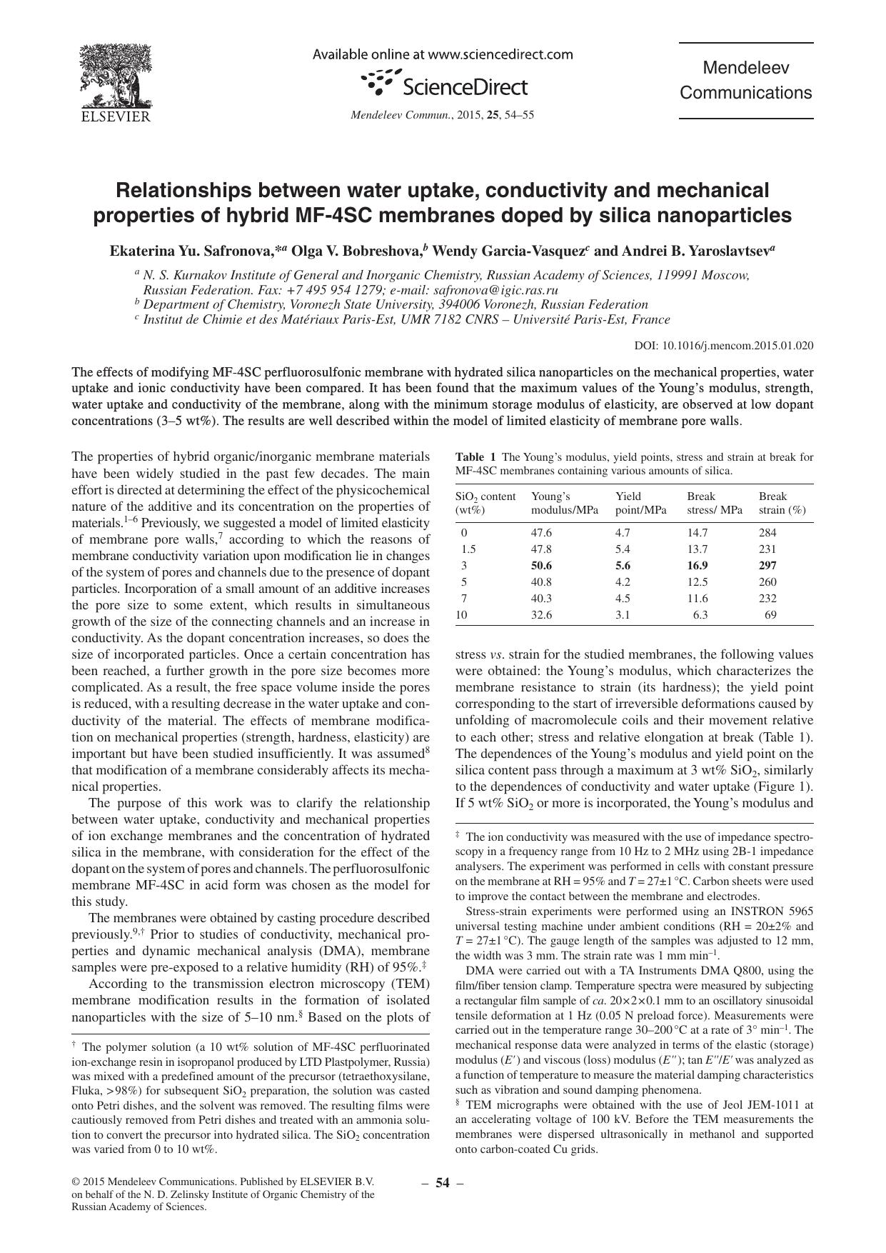Relationships between water uptake, conductivity and mechanical properties of hybrid MF-4SC membranes doped by silica nanoparticles by Ekaterina Yu. Safronova & Olga V. Bobreshova & Wendy Garcia-Vasquez & Andrei B. Yaroslavtsev