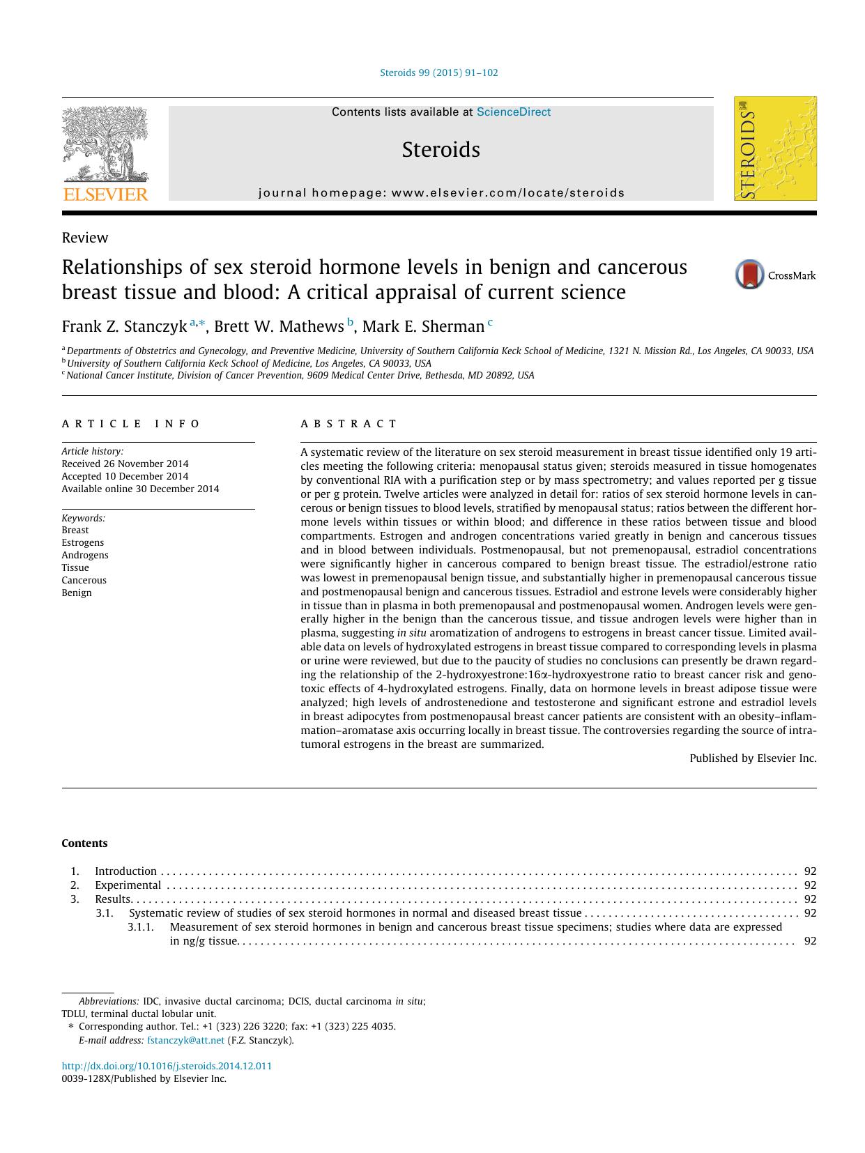 Relationships of sex steroid hormone levels in benign and cancerous breast tissue and blood: A critical appraisal of current science by Frank Z. Stanczyk & Brett W. Mathews & Mark E. Sherman