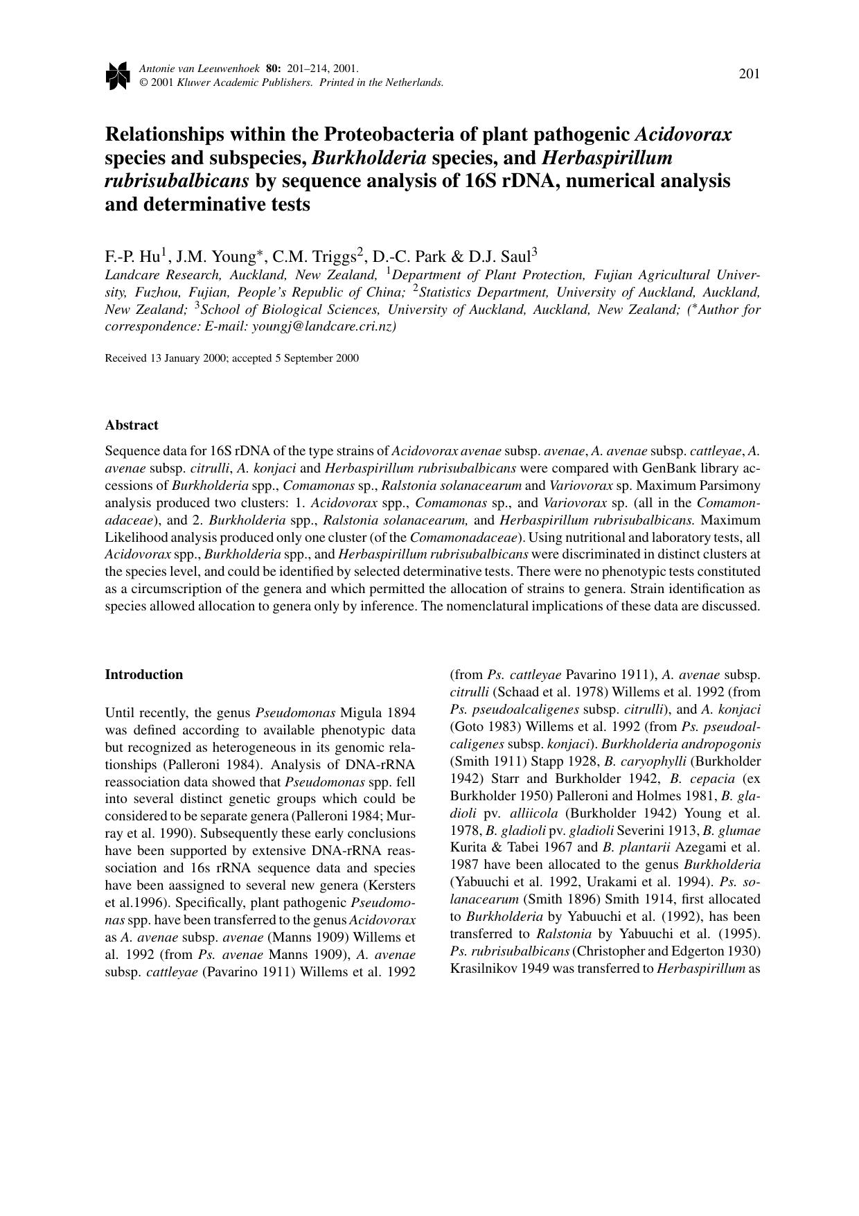 Relationships within the Proteobacteria of plant pathogenic Acidovorax species and subspecies, Burkholderia species, and Herbaspirillum rubrisubalbicans by sequence analysis of 16S by Unknown