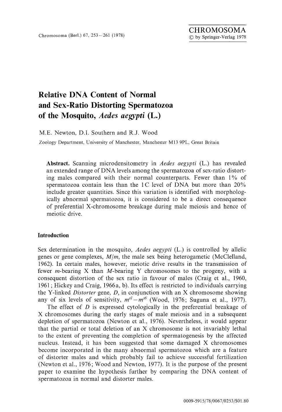 Relative DNA content of normal and sex-ratio distorting spermatozoa of the mosquito, <Emphasis Type="Italic">Aedes aegypti <Emphasis> (L.) by Unknown