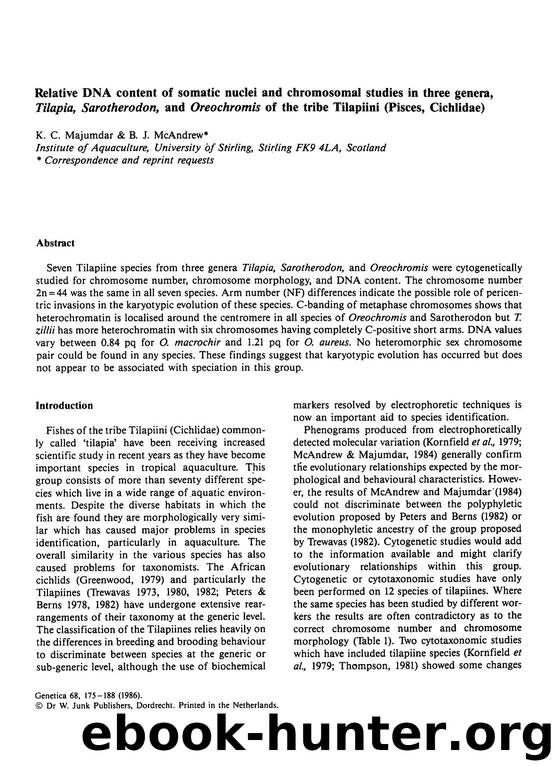 Relative DNA content of somatic nuclei and chromosomal studies in three genera, <Emphasis Type="Italic">Tilapia, Sarotherodon <Emphasis>, and <Emphasis Type="Italic">Oreochromis <E by Unknown