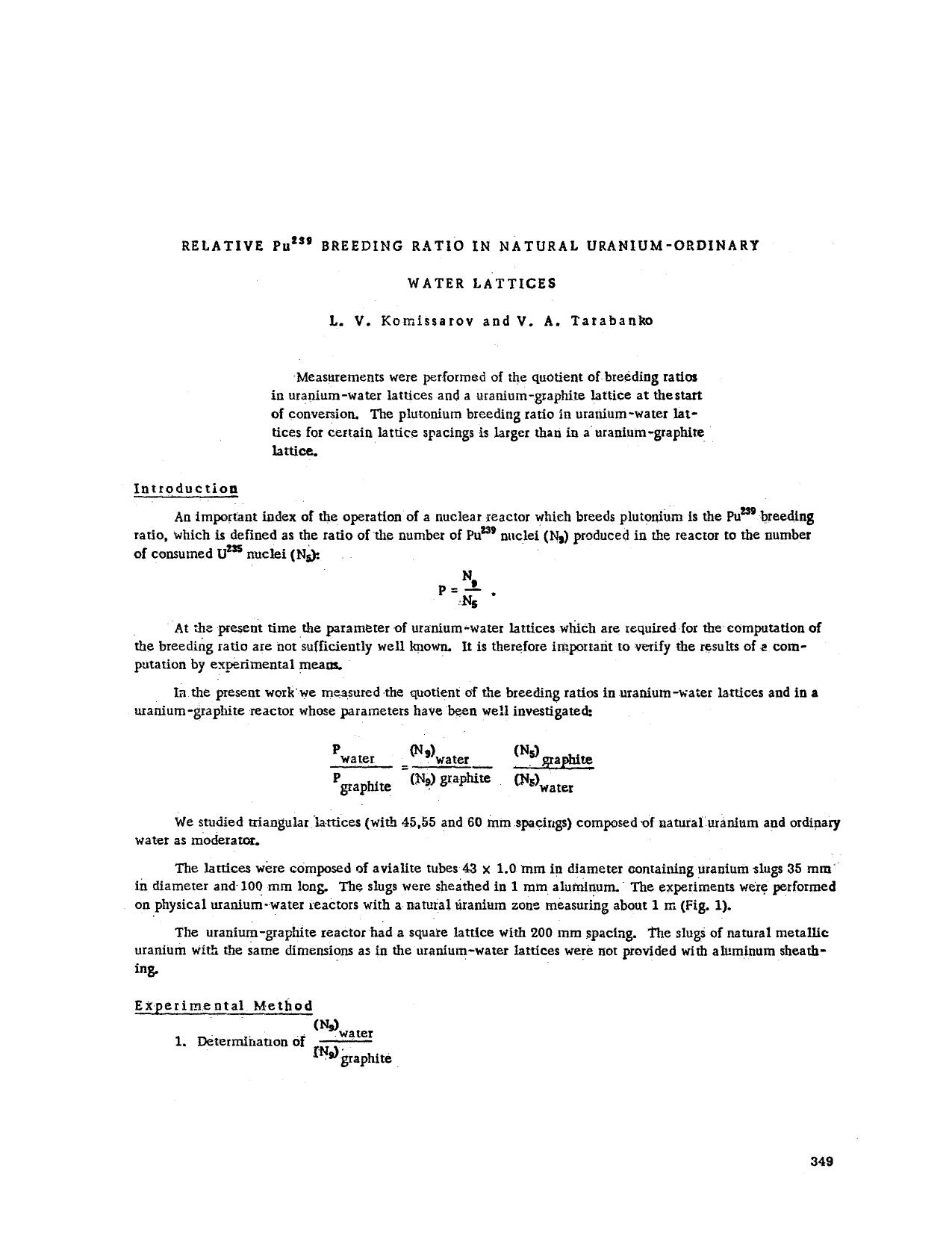 Relative Pu <Superscript>239 <Superscript> breeding ratio in natural uranium-ordinary water lattices by Unknown
