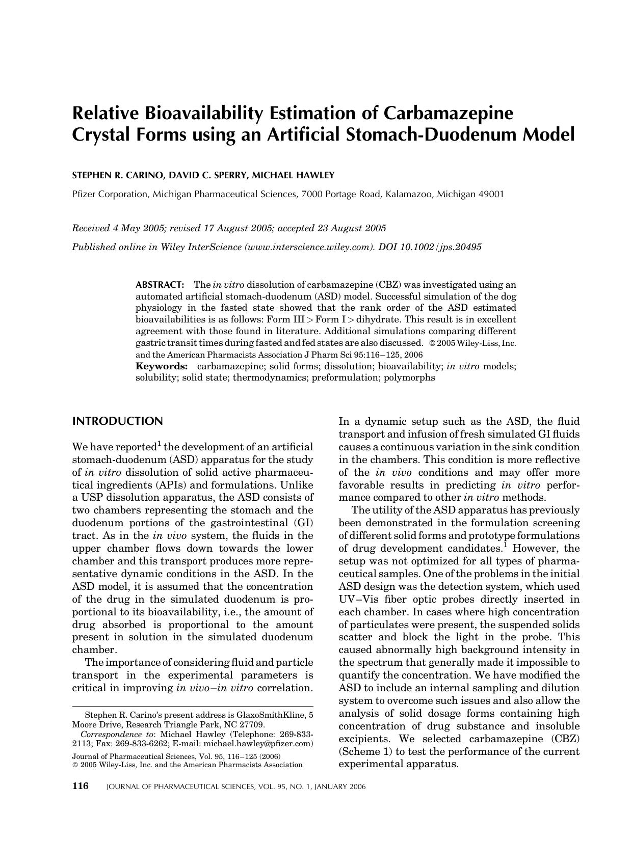 Relative bioavailability estimation of carbamazepine crystal forms using an artificial stomach-duodenum model by Unknown
