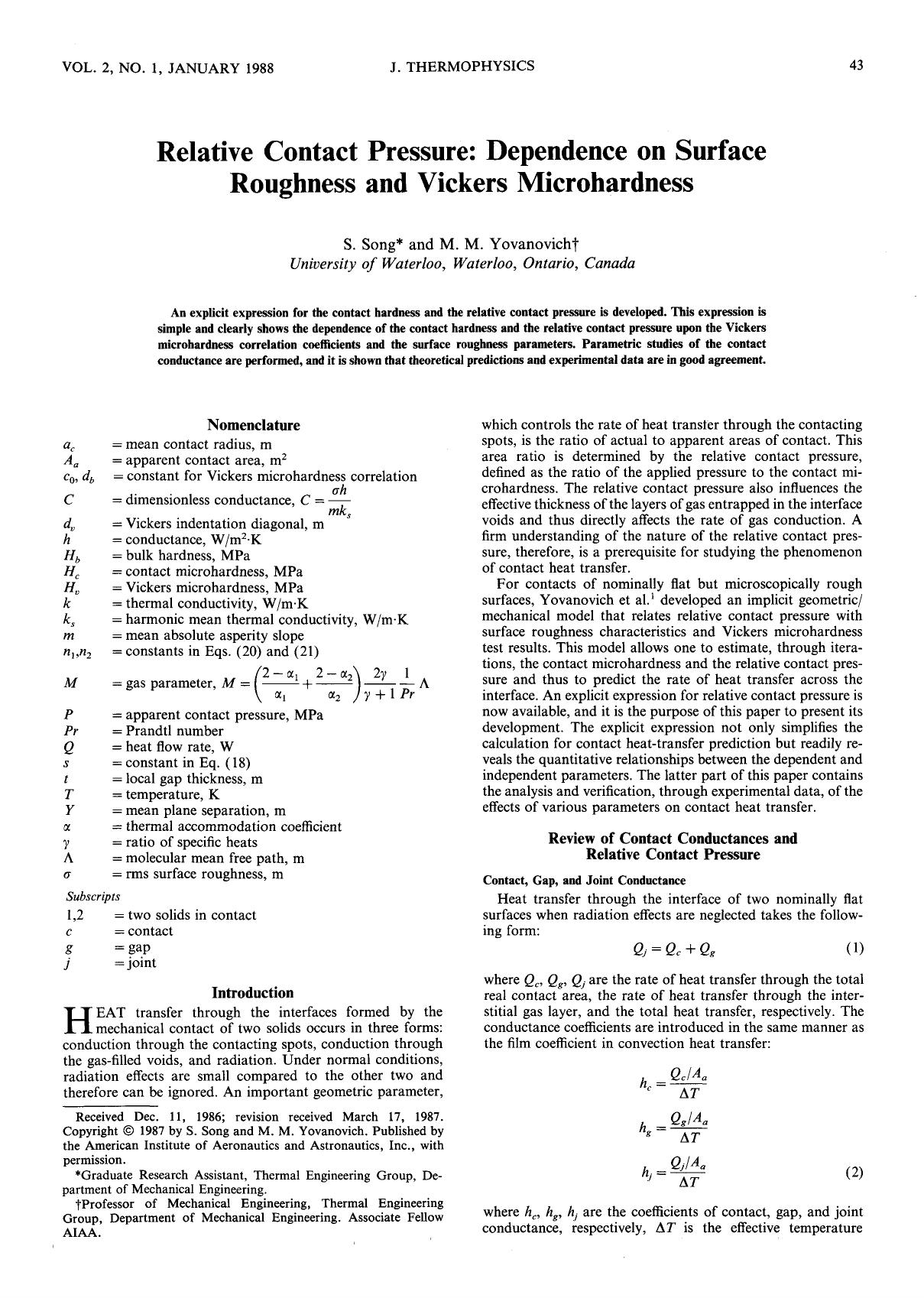 Relative contact pressure by Dependence on surface roughness & Vickers microhardness
