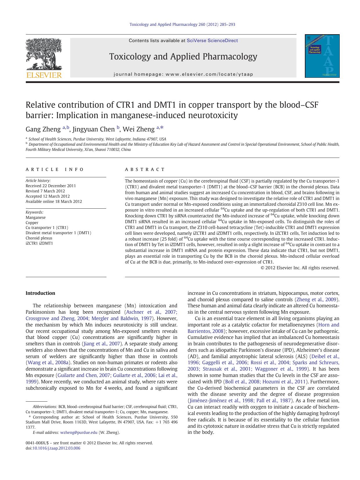 Relative contribution of CTR1 and DMT1 in copper transport by the bloodâCSF barrier: Implication in manganese-induced neurotoxicity by Gang Zheng & Jingyuan Chen & Wei Zheng