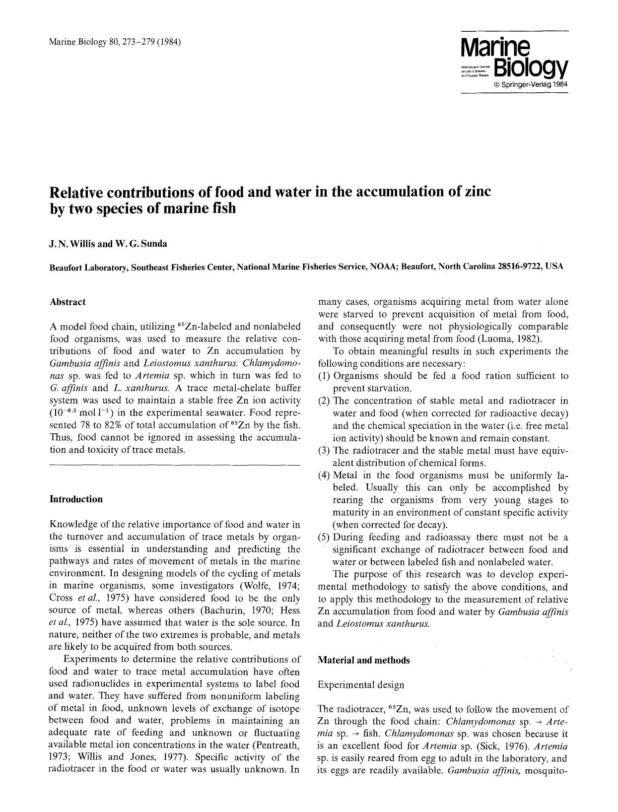 Relative contributions of food and water in the accumulation of zinc by two species of marine fish by Unknown