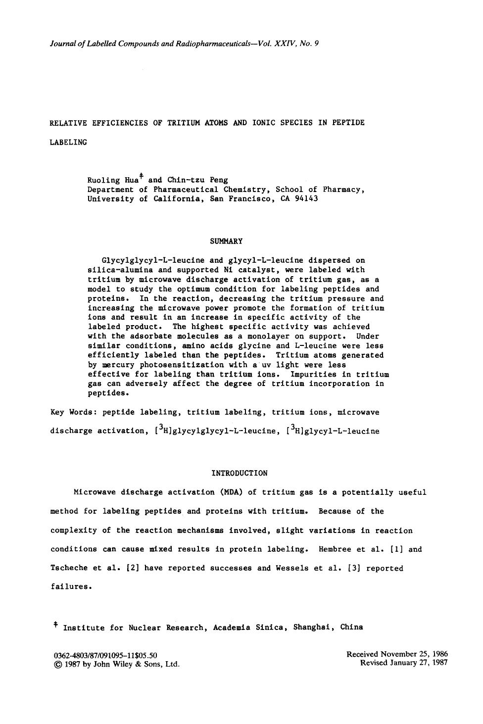 Relative efficiencies of tritium atoms and ionic species in peptide labeling by Unknown