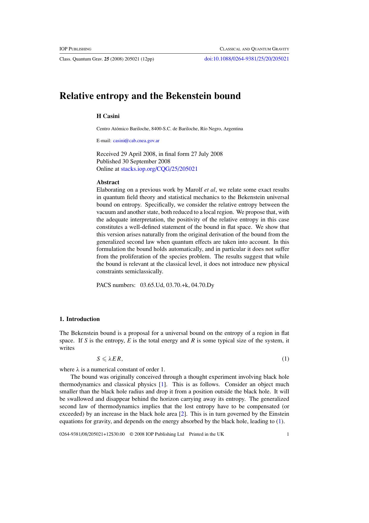 Relative entropy and the Bekenstein bound by H Casini