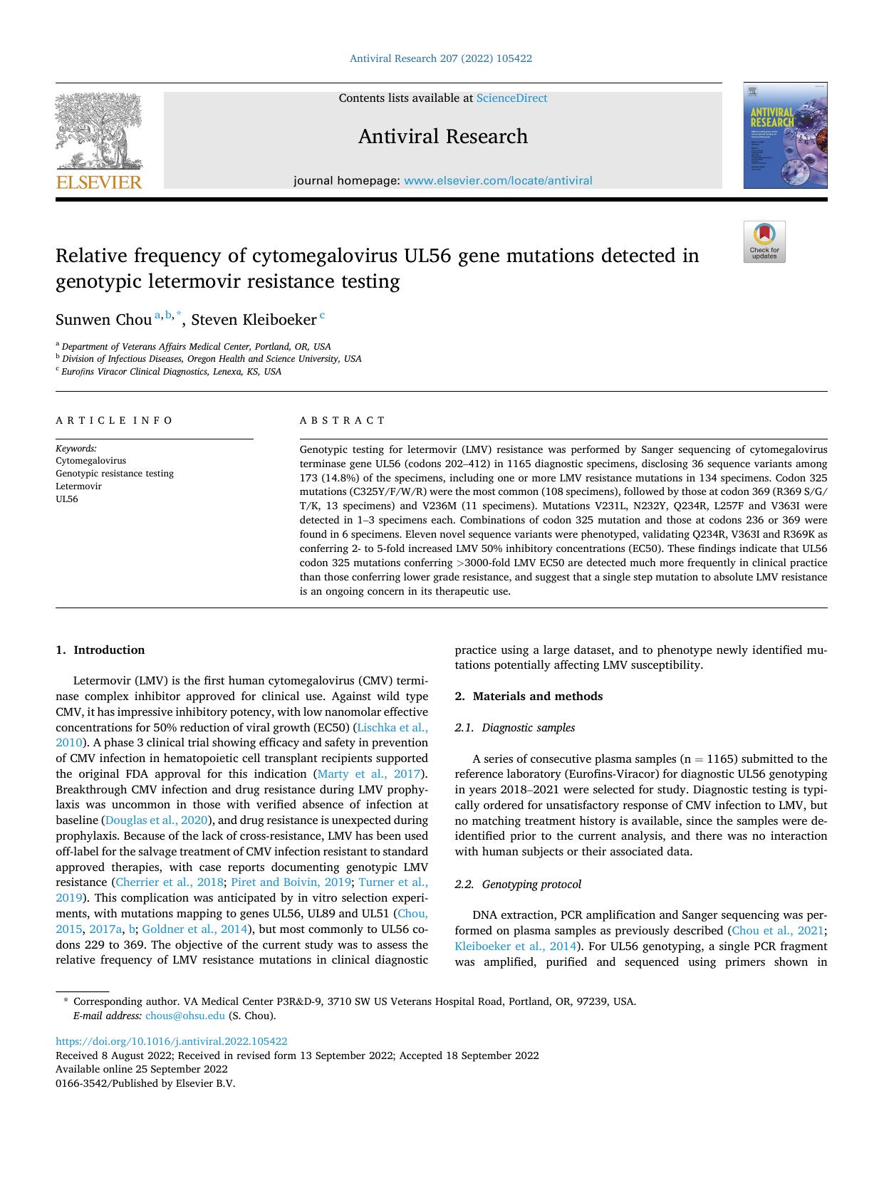 Relative frequency of cytomegalovirus UL56 gene mutations detected in genotypic letermovir resistance testing by Sunwen Chou & Steven Kleiboeker