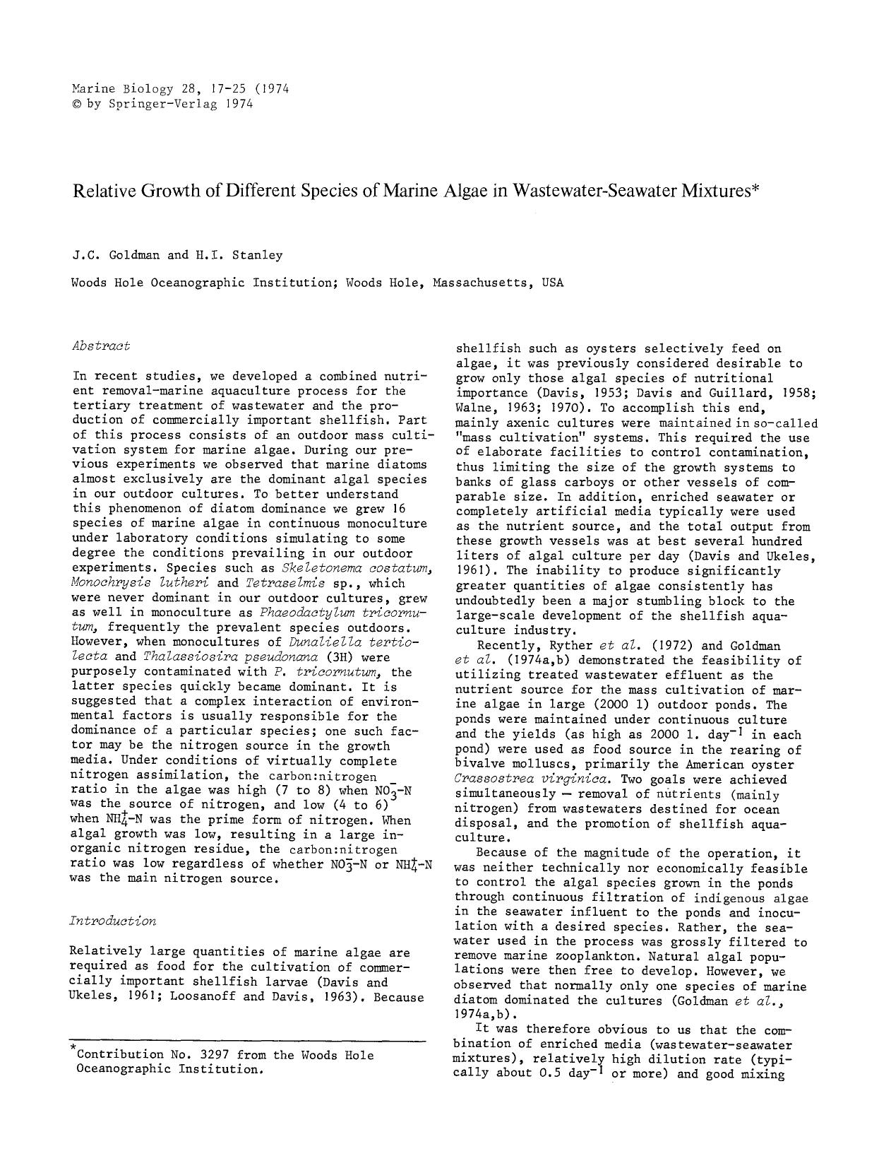 Relative growth of different species of marine algae in wasterwater-seawater mixtures by Unknown