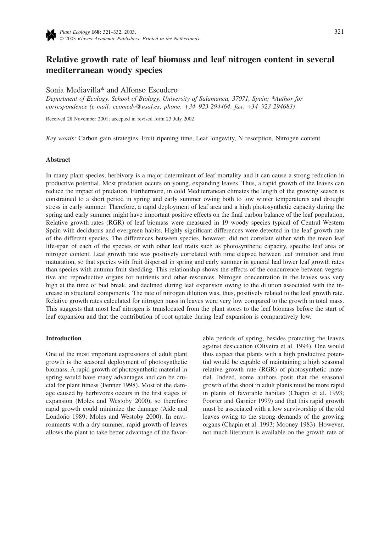 Relative growth rate of leaf biomass and leaf nitrogen content in several mediterranean woody species by Unknown
