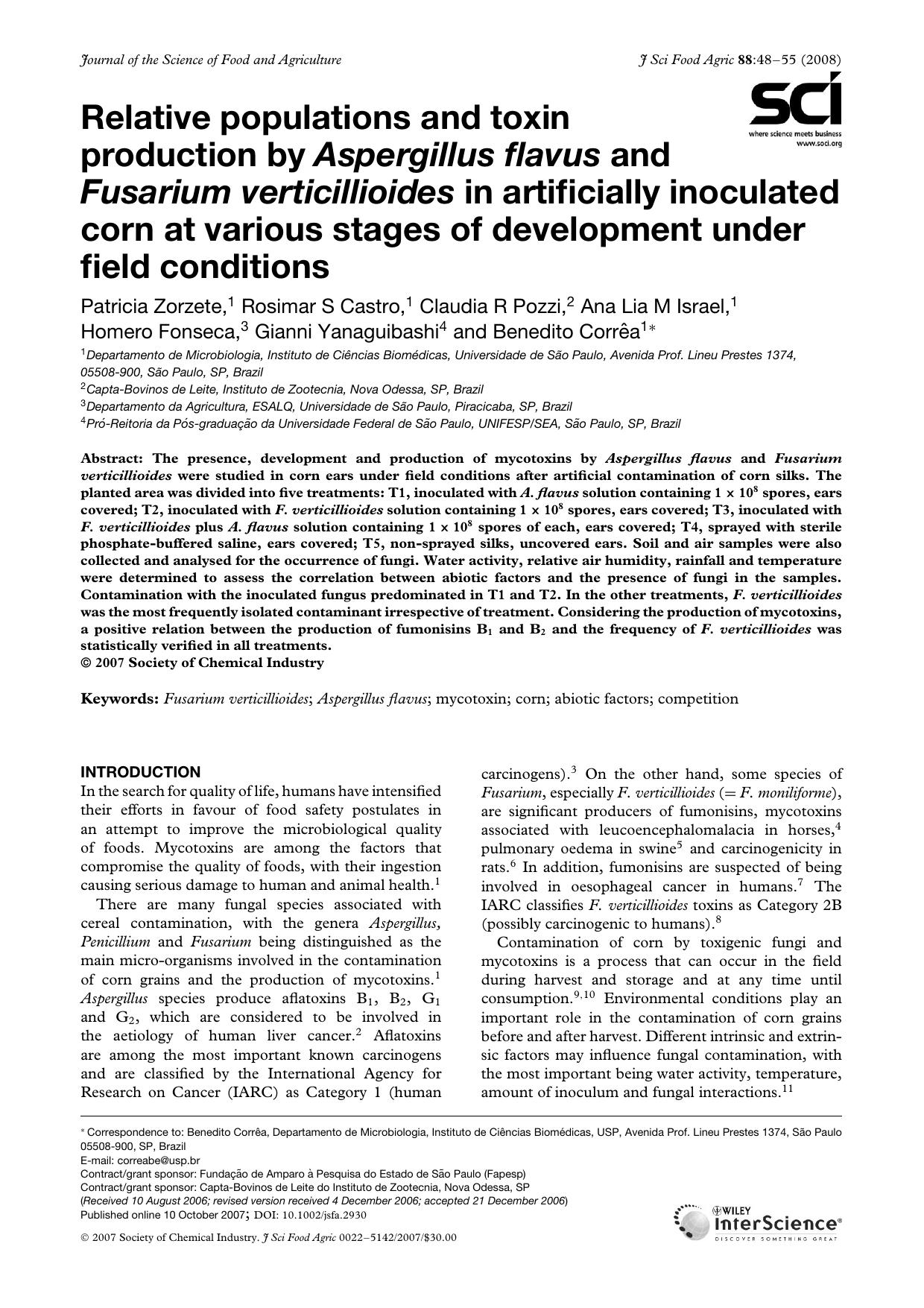 Relative populations and toxin production by Aspergillus flavus and Fusarium verticillioides in artificially inoculated corn at various stages of development under field conditions by Unknown