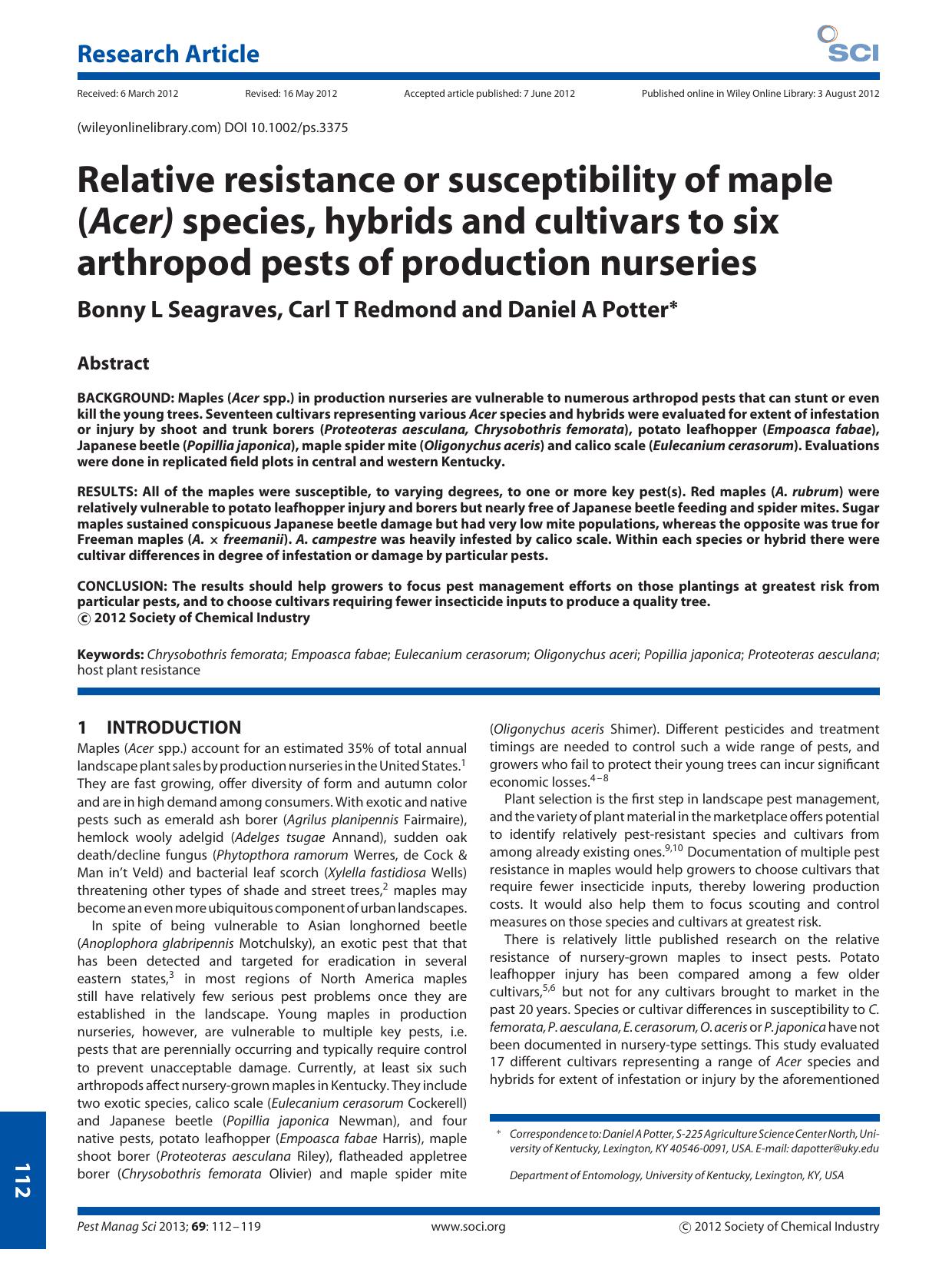 Relative resistance or susceptibility of maple (Acer) species, hybrids and cultivars to six arthropod pests of production nurseries by Unknown