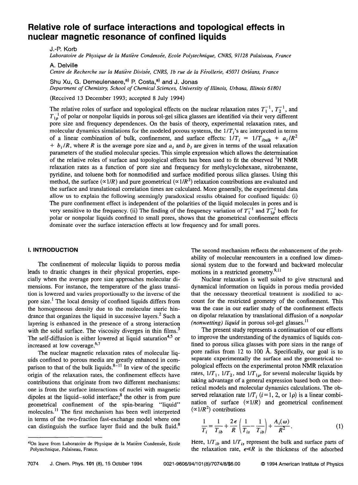 Relative role of surface interactions and topological effects in nuclear magnetic resonance of confined liquids by J.-P. Korb; A. Delville; Shu Xu; G. Demeulenaere; P. Costa; J. Jonas