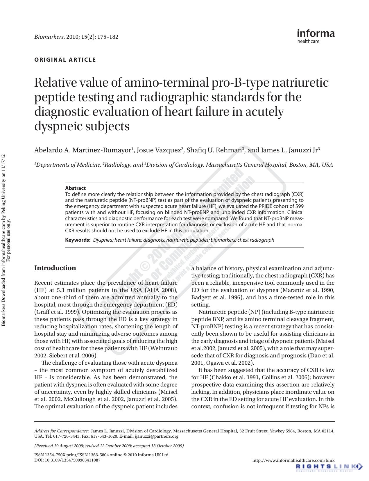 Relative value of amino-terminal pro-B-type natriuretic peptide testing and radiographic standards for the diagnostic evaluation of heart failure in acutely dyspneic subjects by Abelardo A. Martinez-Rumayor Josue Vazquez Shafiq U. Rehman & James L. Januzzi Jr