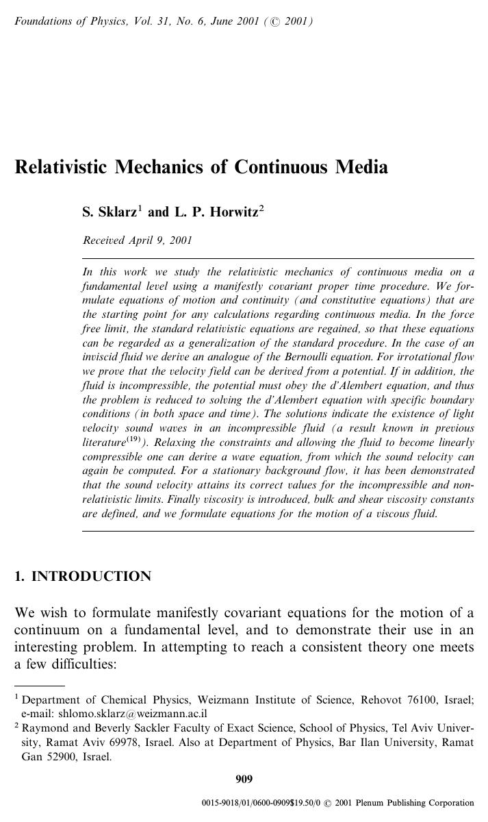 Relativistic Mechanics of Continuous Media by Unknown