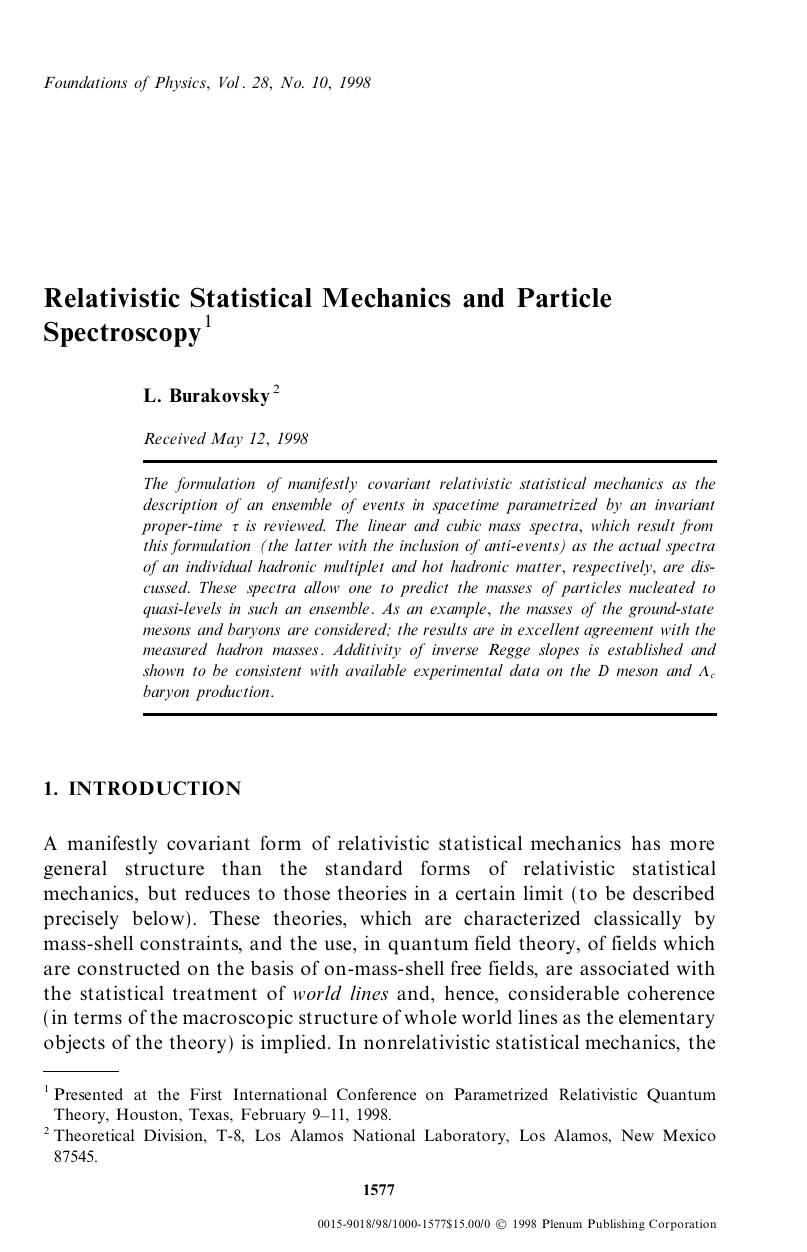 Relativistic Statistical Mechanics and Particle Spectroscopy by Unknown
