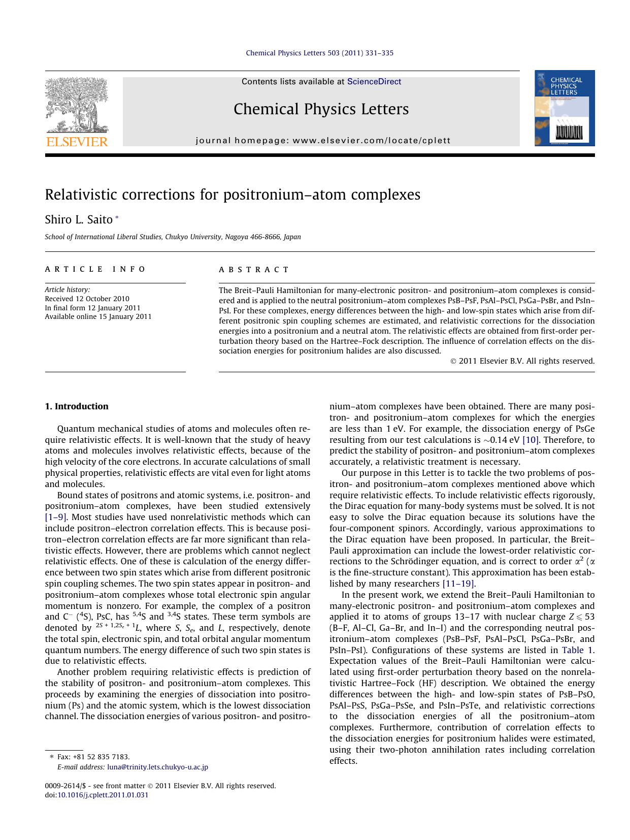 Relativistic corrections for positroniumÃ¢â¬âatom complexes by Shiro L. Saito