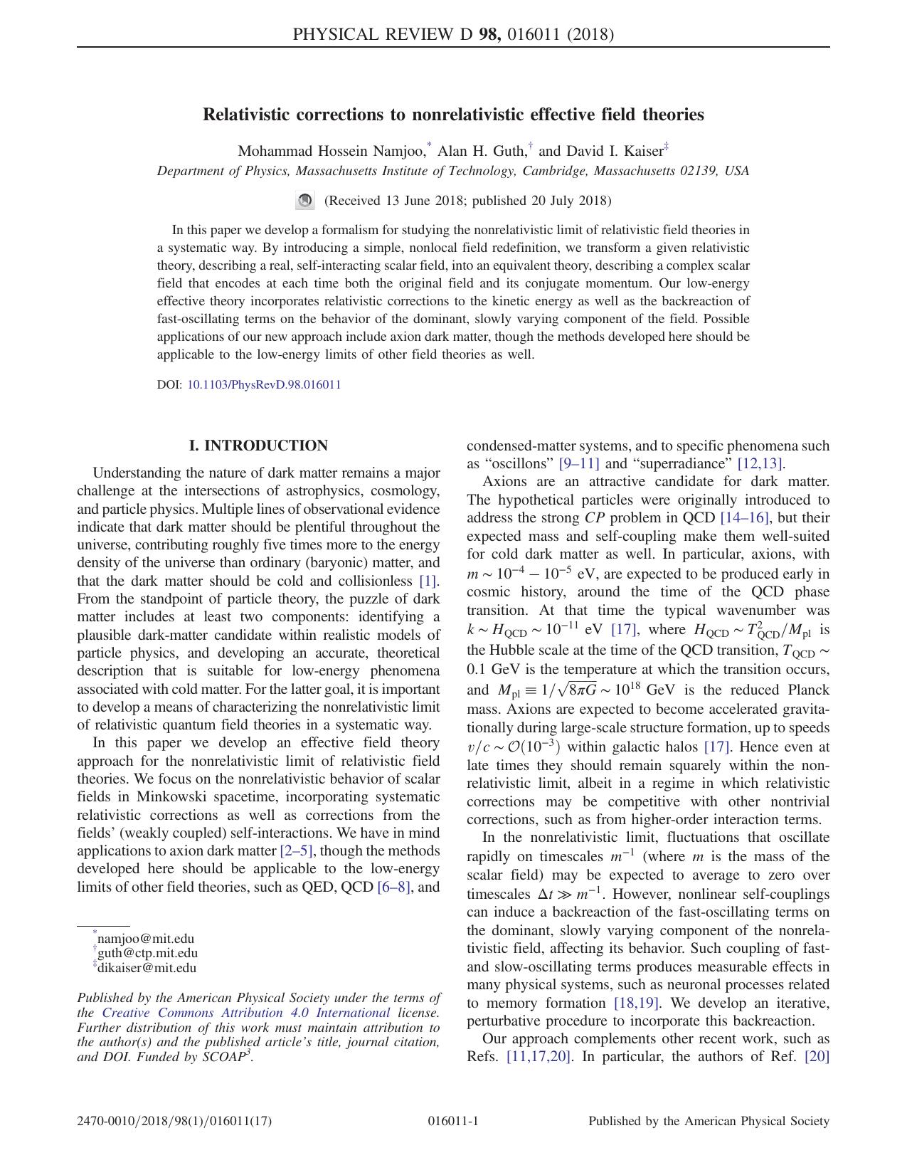 Relativistic corrections to nonrelativistic effective field theories by Mohammad Hossein Namjoo & Alan H. Guth & David I. Kaiser