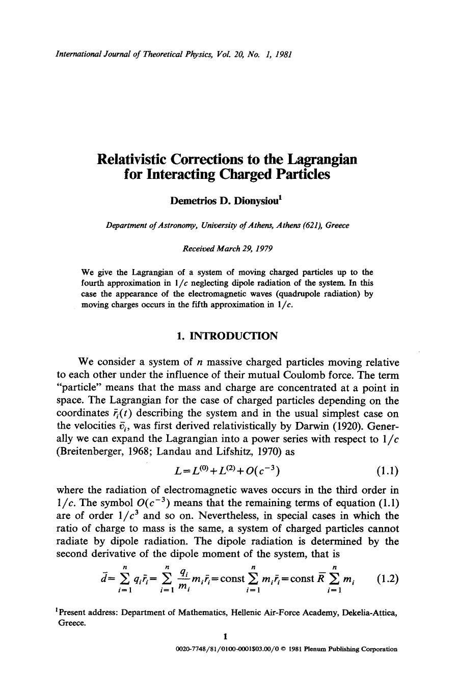 Relativistic corrections to the Lagrangian for interacting charged particles by Unknown
