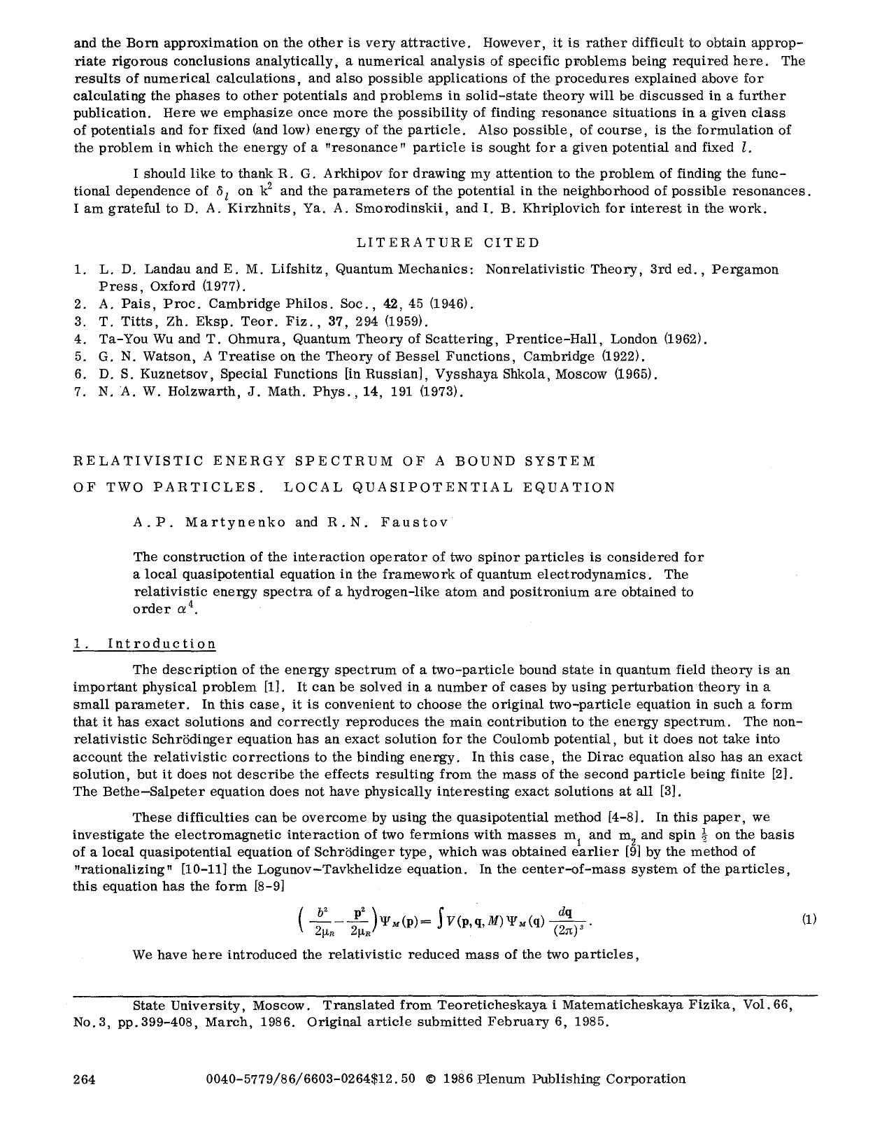 Relativistic energy spectrum of a bound system of two particles. Local quasipotential equation by Unknown