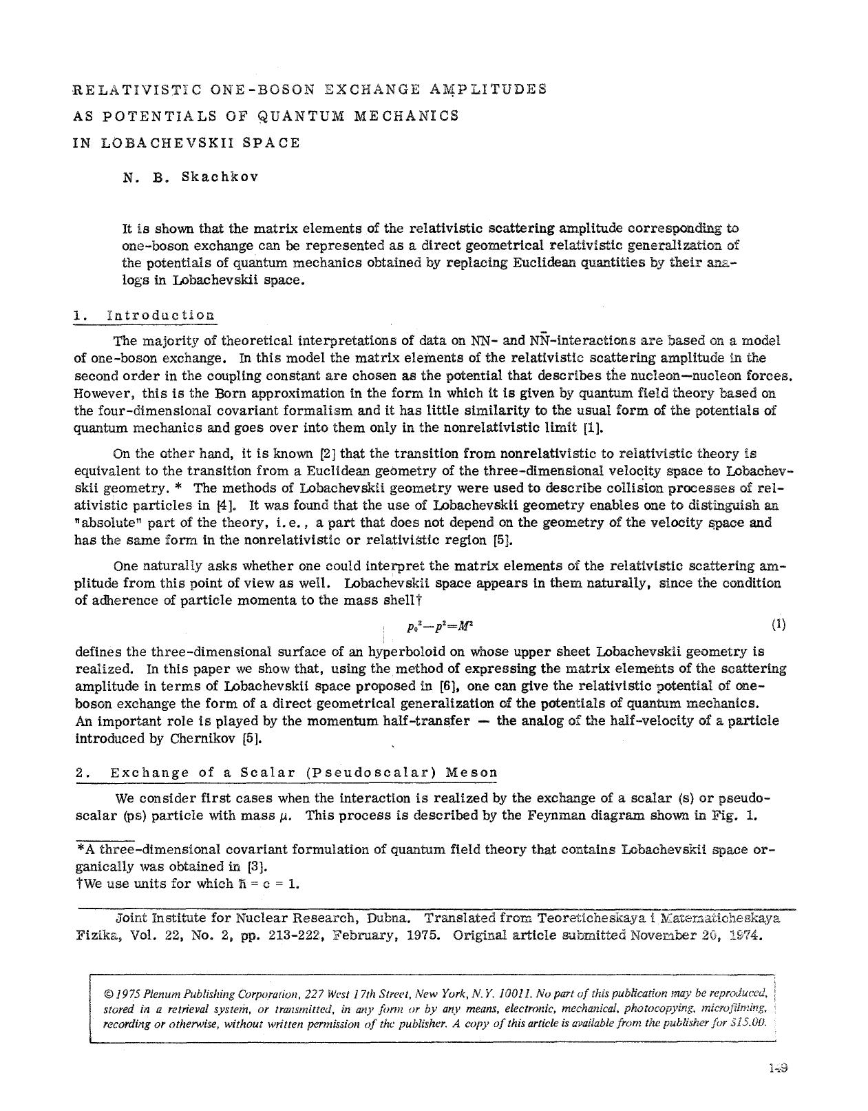 Relativistic one-boson exchange amplitudes as potentials of quantum mechanics in Lobachevskii space by Unknown