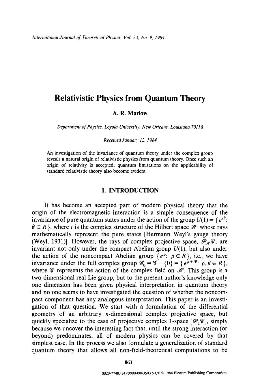 Relativistic physics from quantum theory by Unknown