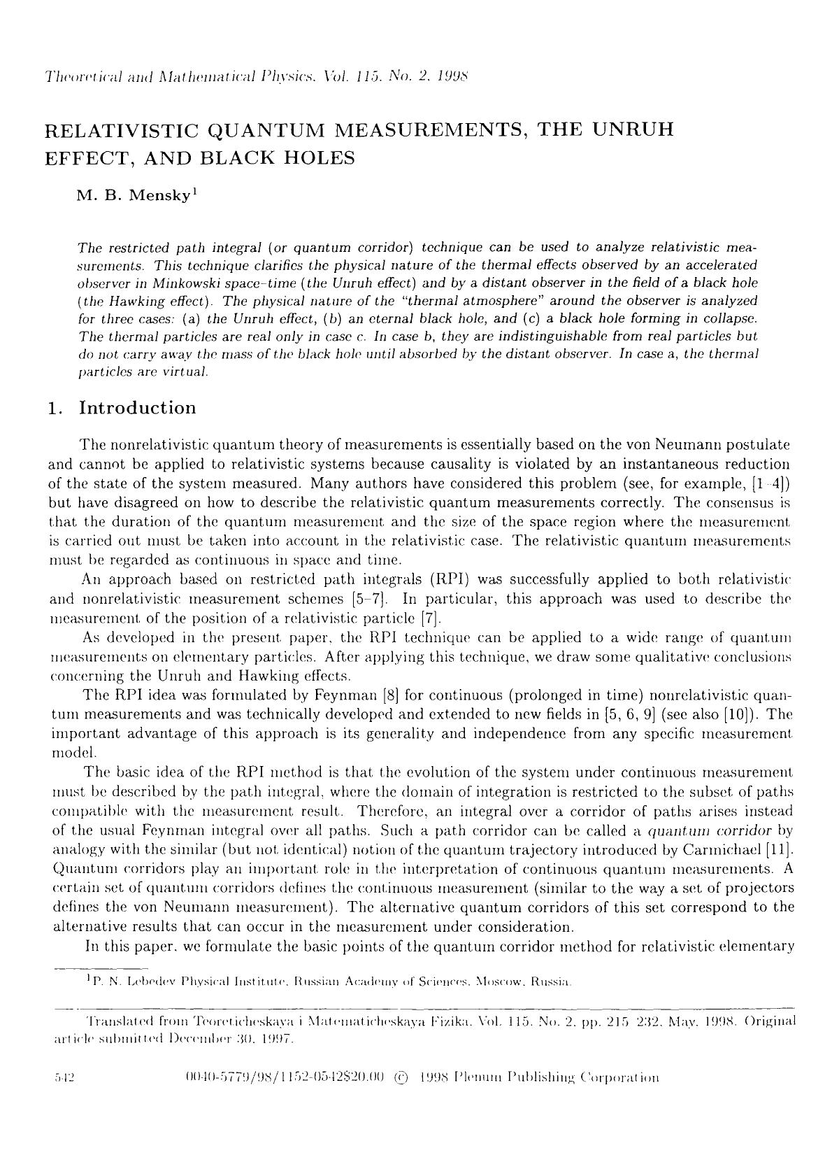 Relativistic quantum measurements, the Unruh effect, and black holes by Unknown