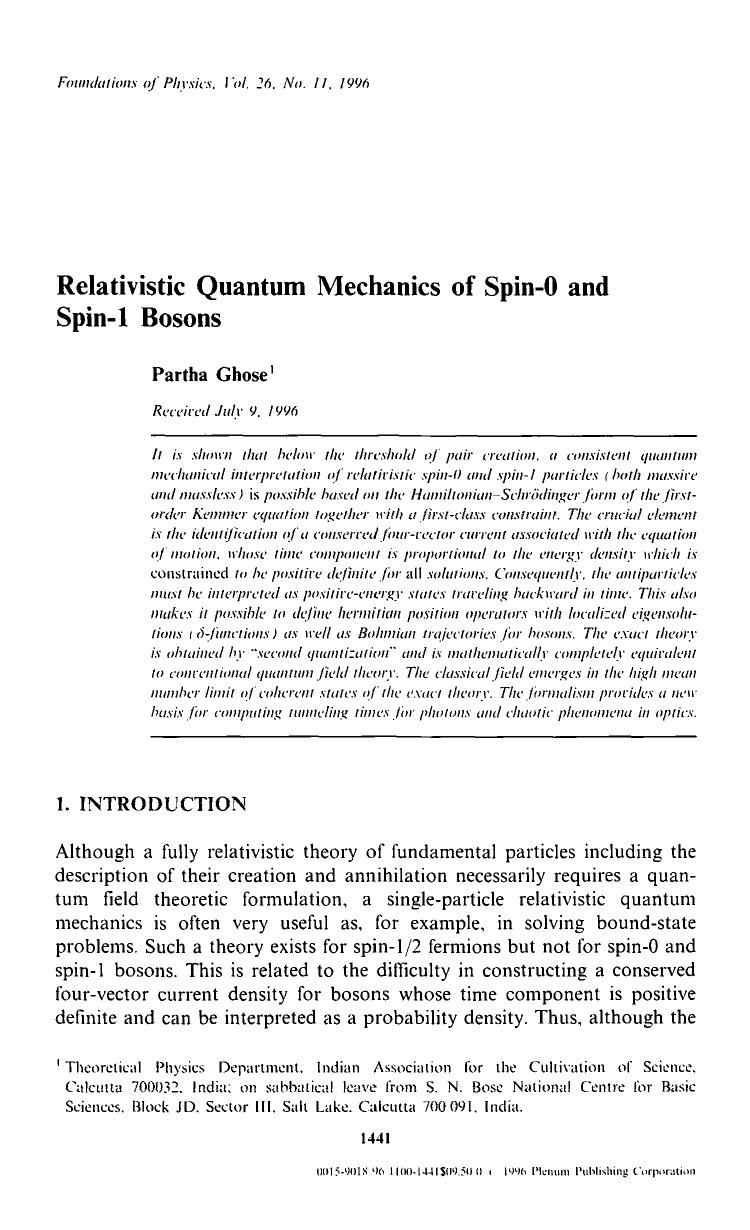 Relativistic quantum mechanics of spin-0 and spin-1 bosons by Unknown