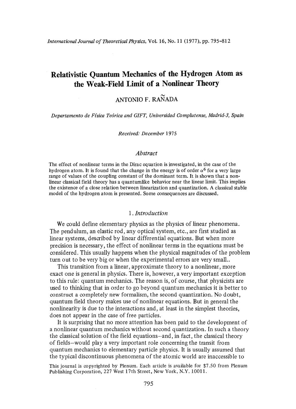 Relativistic quantum mechanics of the hydrogen atom as the weak-field limit of a nonlinear theory by Unknown