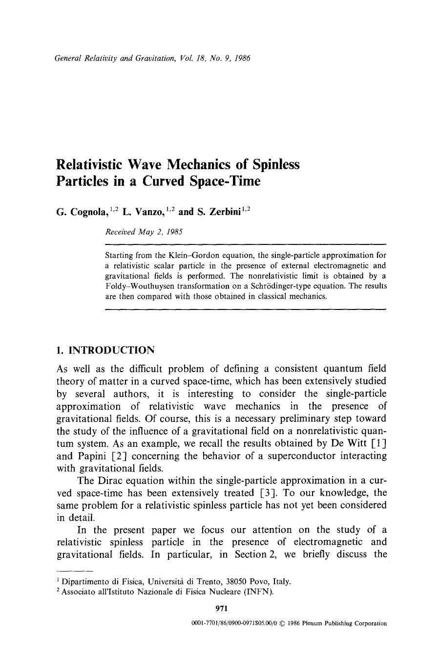 Relativistic wave mechanics of spinless particles in a curved space-time by Unknown