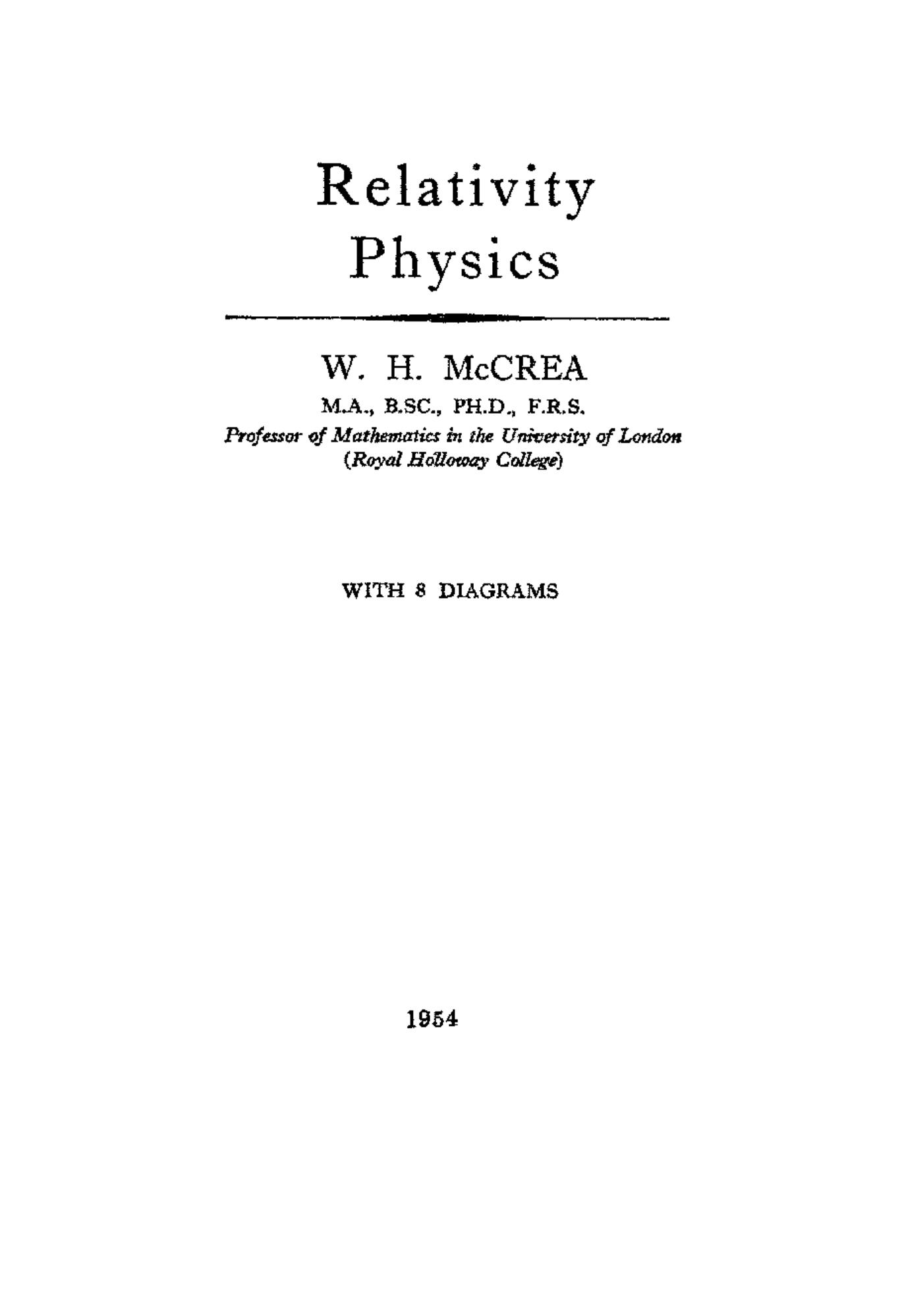 Relativity Physics by W.H. McCrea